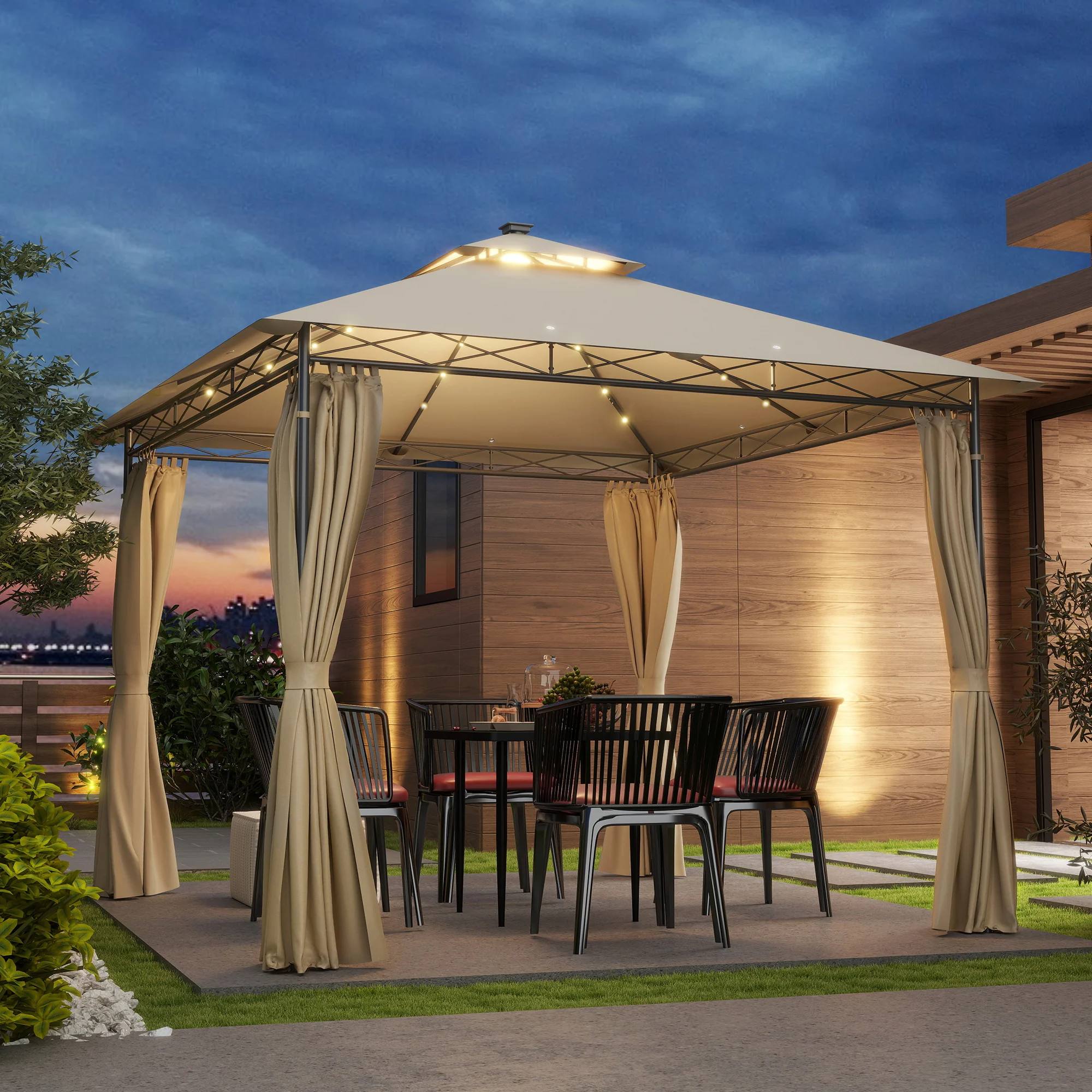 Outsunny 3 x 3 m Double Roof Outdoor Gazebo with Curtains, Dark Grey - Image 2