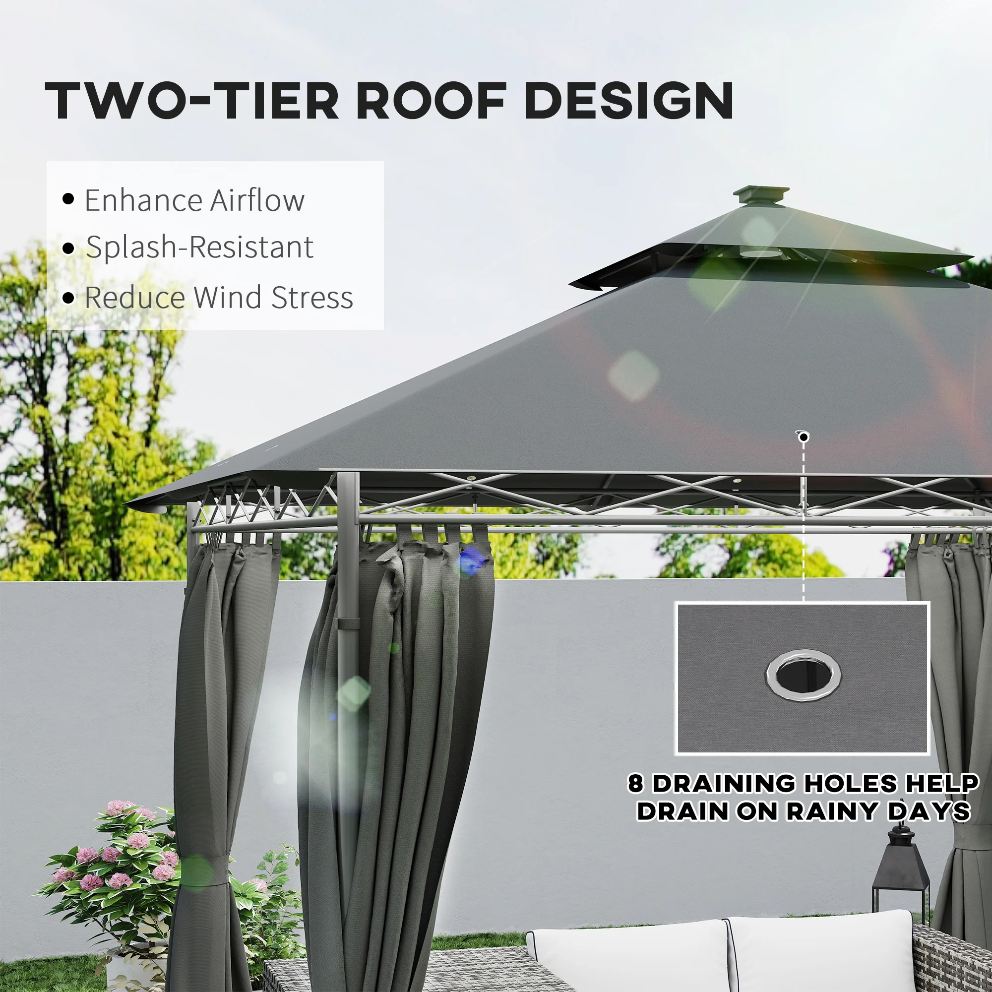 Outsunny 3 x 3 m Double Roof Outdoor Gazebo with Curtains, Dark Grey - Image 22