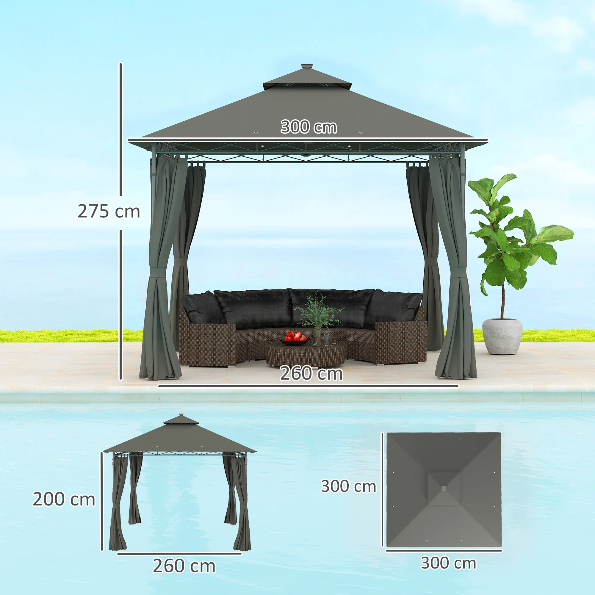 Outsunny 3 x 3 m Double Roof Outdoor Gazebo with Curtains, Dark Grey - Image 23