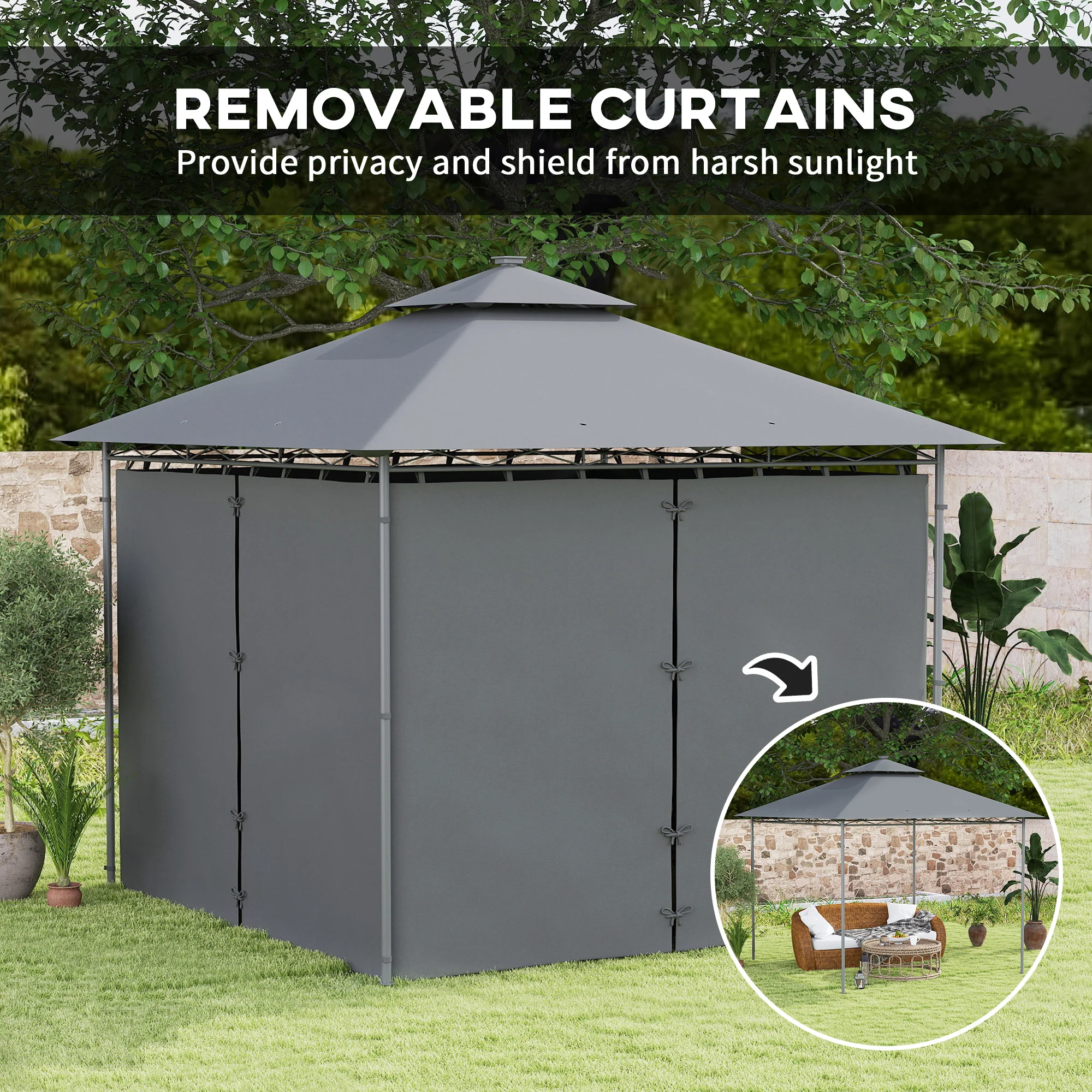Outsunny 3 x 3 m Double Roof Outdoor Gazebo with Curtains, Dark Grey - Image 24