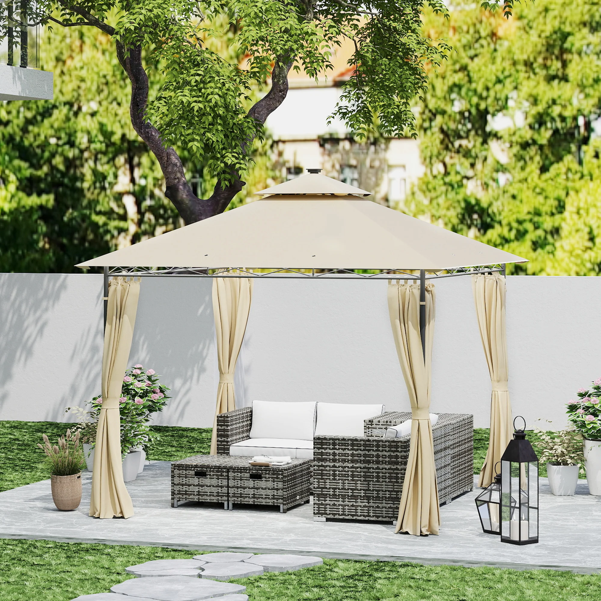 Outsunny 3 x 3 m Double Roof Outdoor Gazebo with Curtains, Dark Grey - Image 8