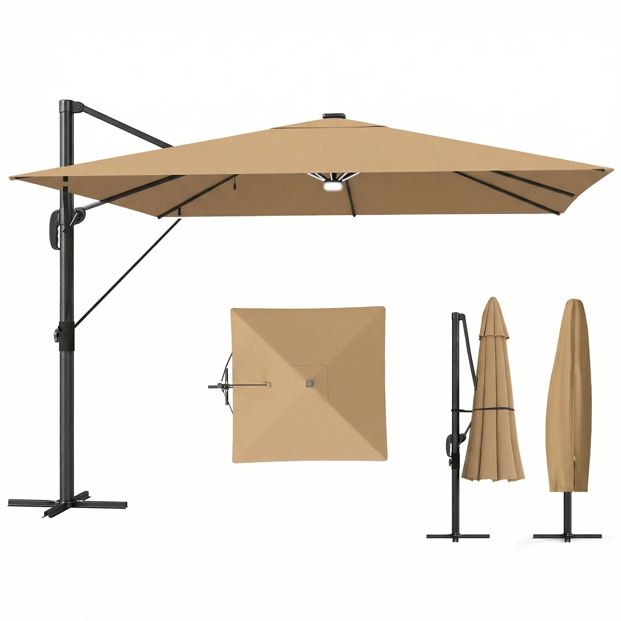 Outsunny 3 X 3 M Garden Cantilever Parasol W/ Light, Cover, Wind Protection