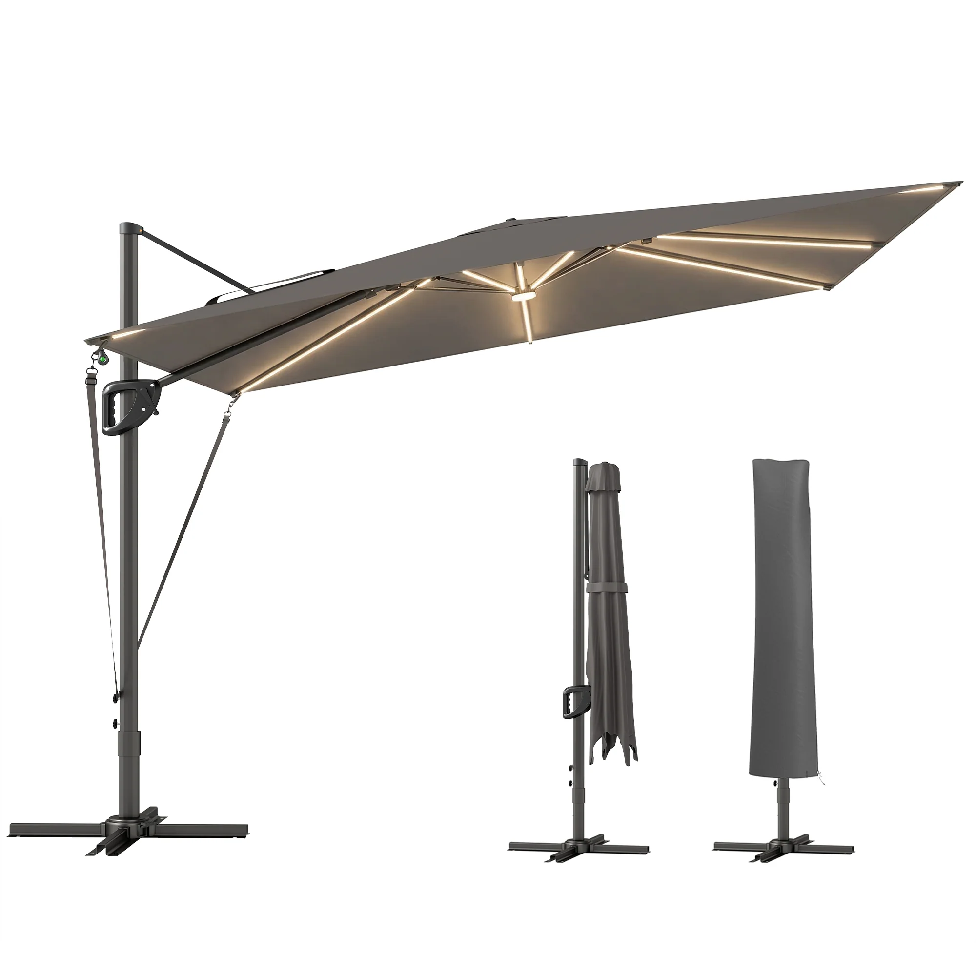 Outsunny 3 X 3 M Garden Cantilever Parasol W/ Light, Cover, Wind Protection