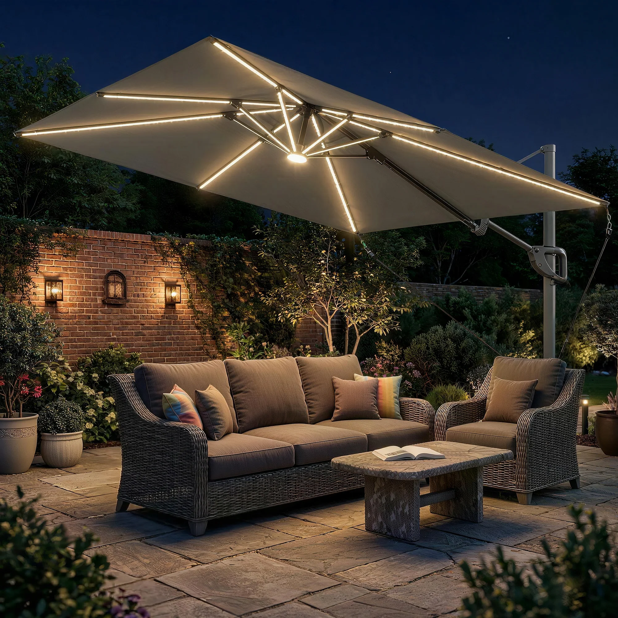 Outsunny 3 X 3 M Garden Cantilever Parasol W/ Light, Cover, Wind Protection - Image 2
