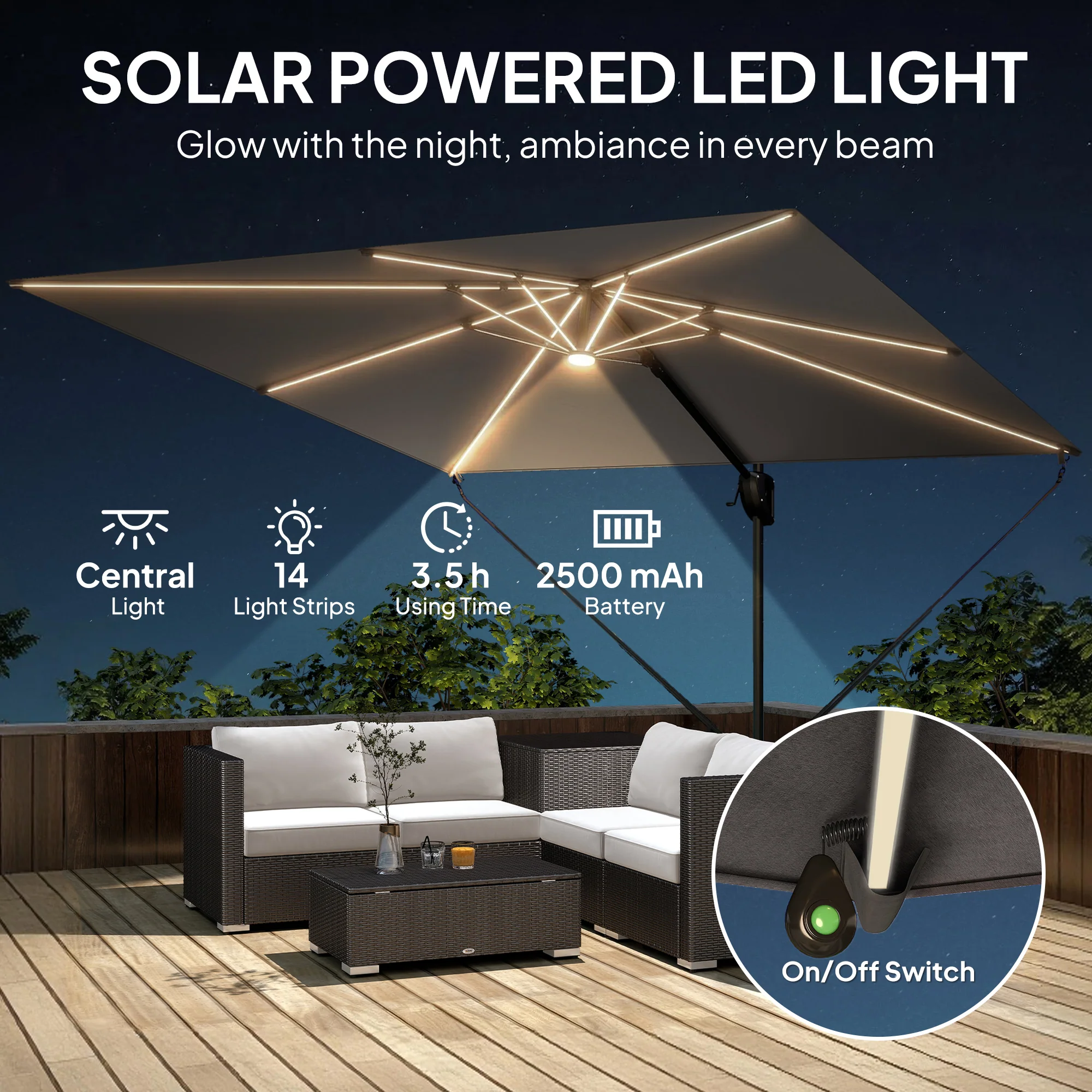 Outsunny 3 X 3 M Garden Cantilever Parasol W/ Light, Cover, Wind Protection - Image 3