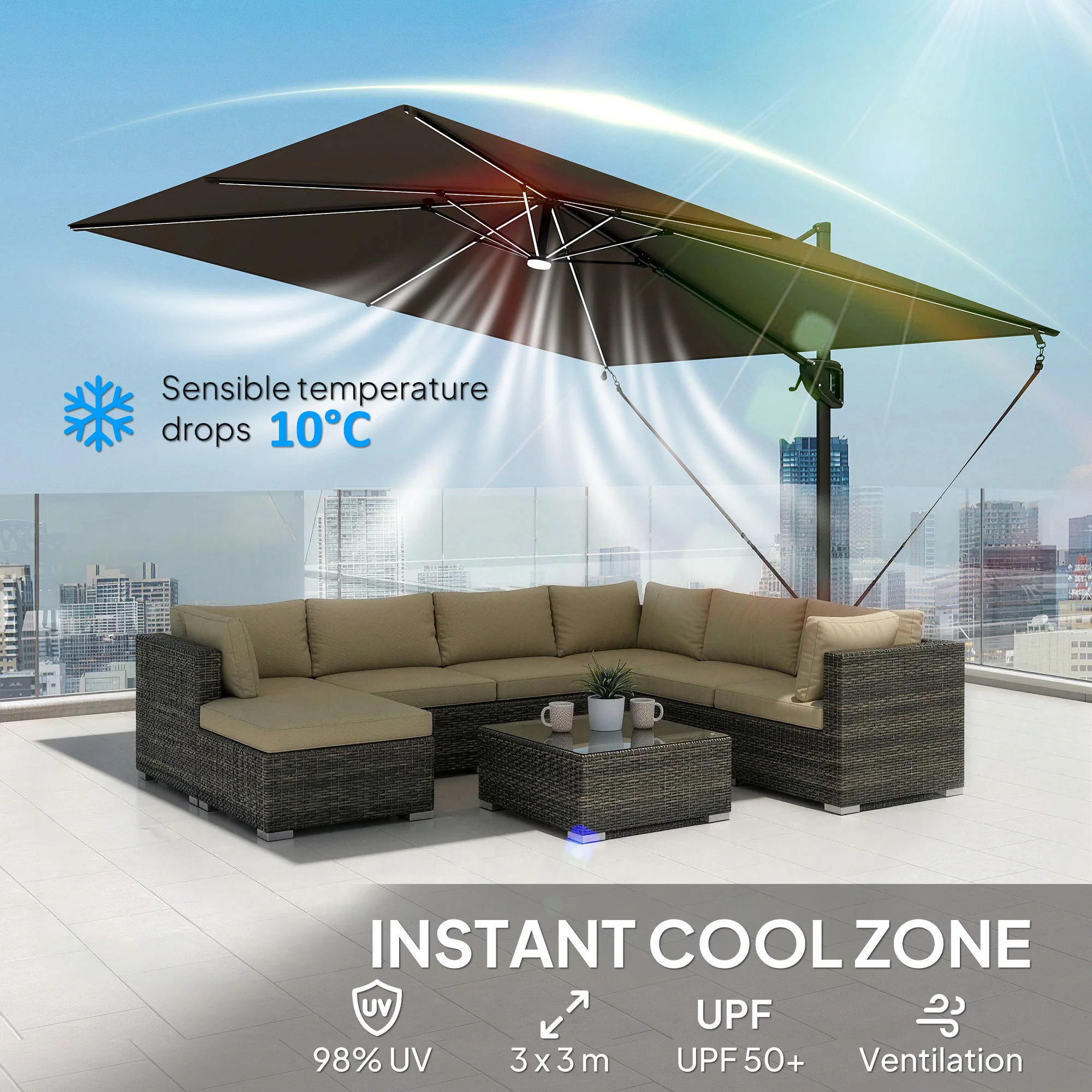 Outsunny 3 X 3 M Garden Cantilever Parasol W/ Light, Cover, Wind Protection - Image 7