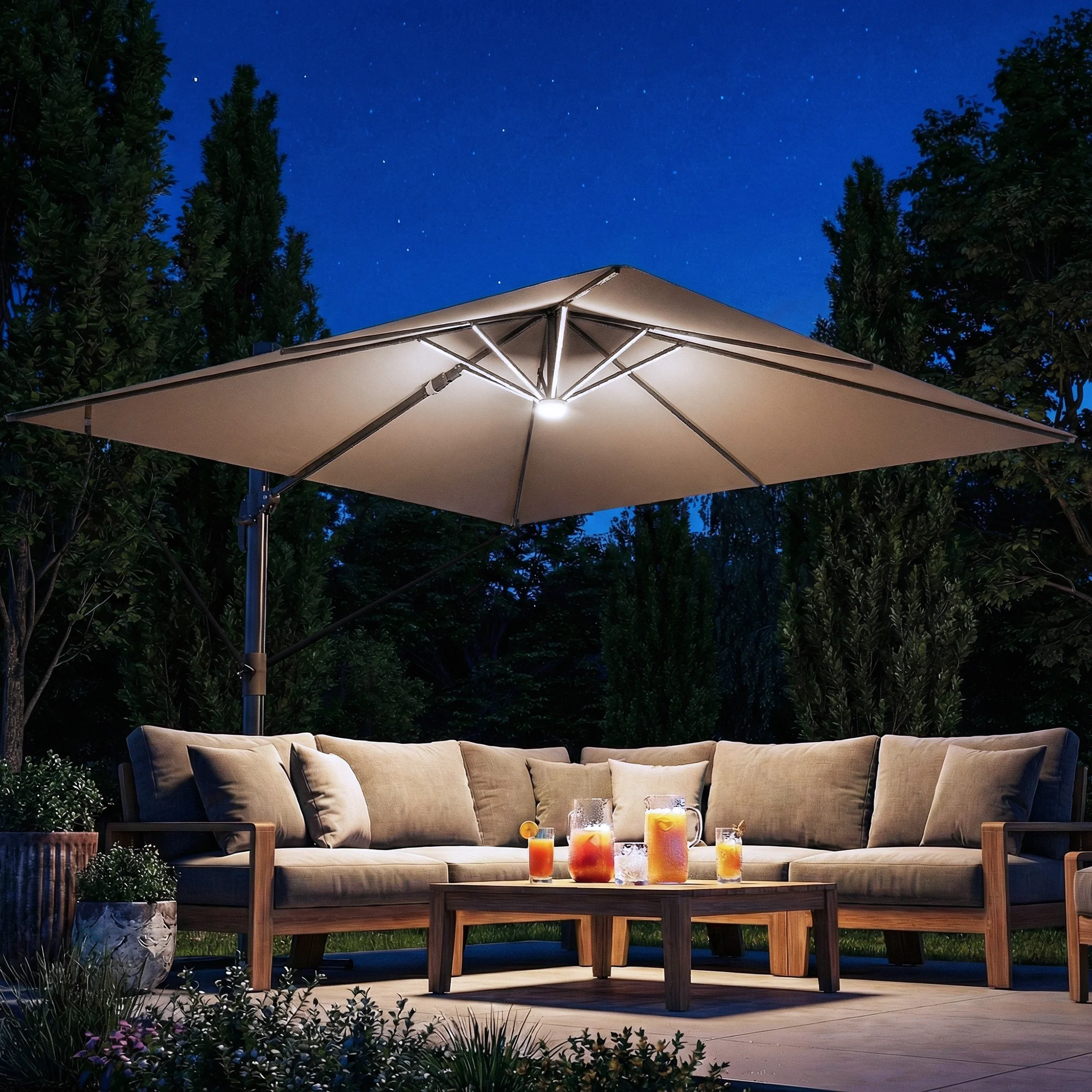 Outsunny 3 X 3 M Garden Cantilever Parasol W/ Light, Cover, Wind Protection - Image 2
