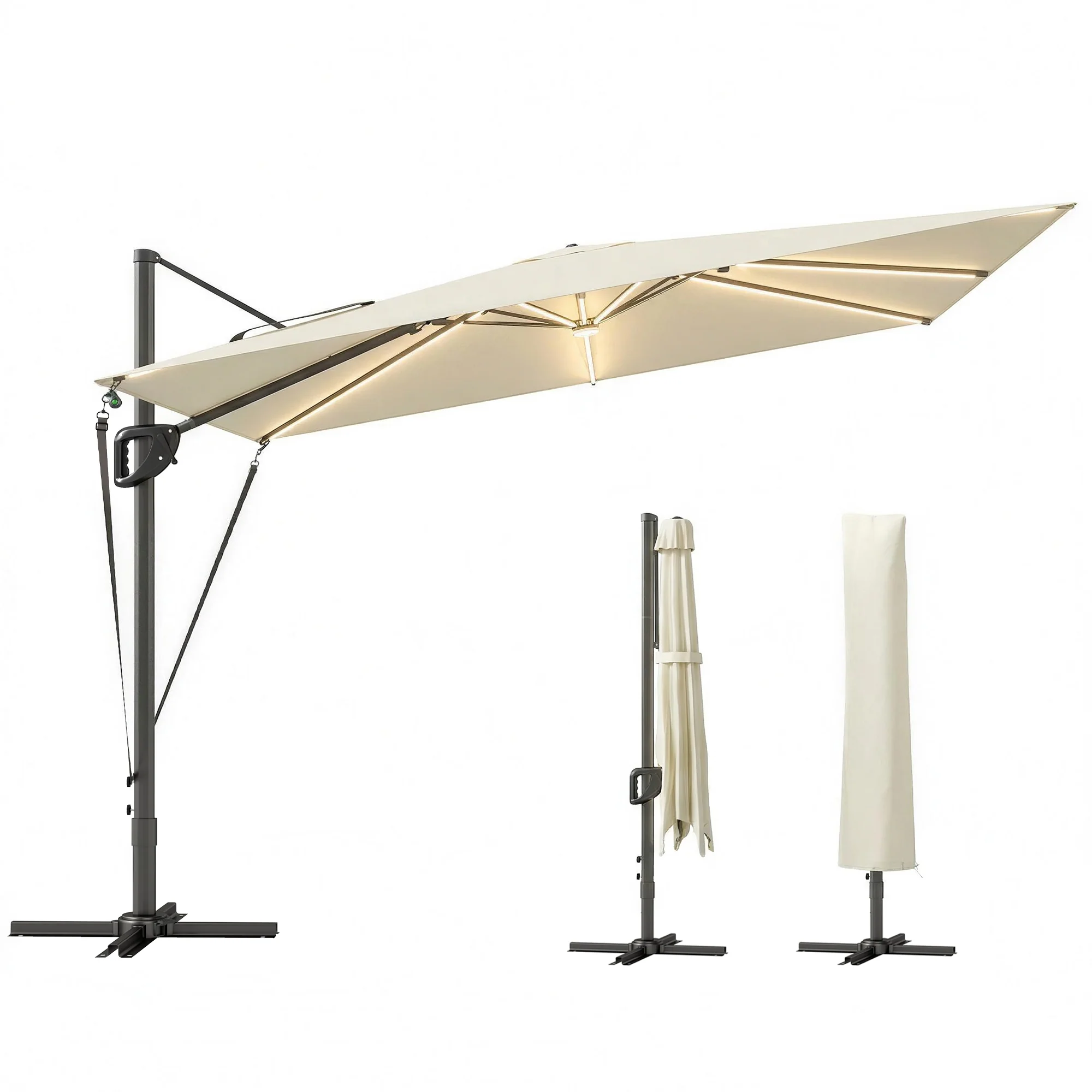 Outsunny 3 x 3 m Garden Cantilever Parasol w/ Light, Cover, Wind Protection