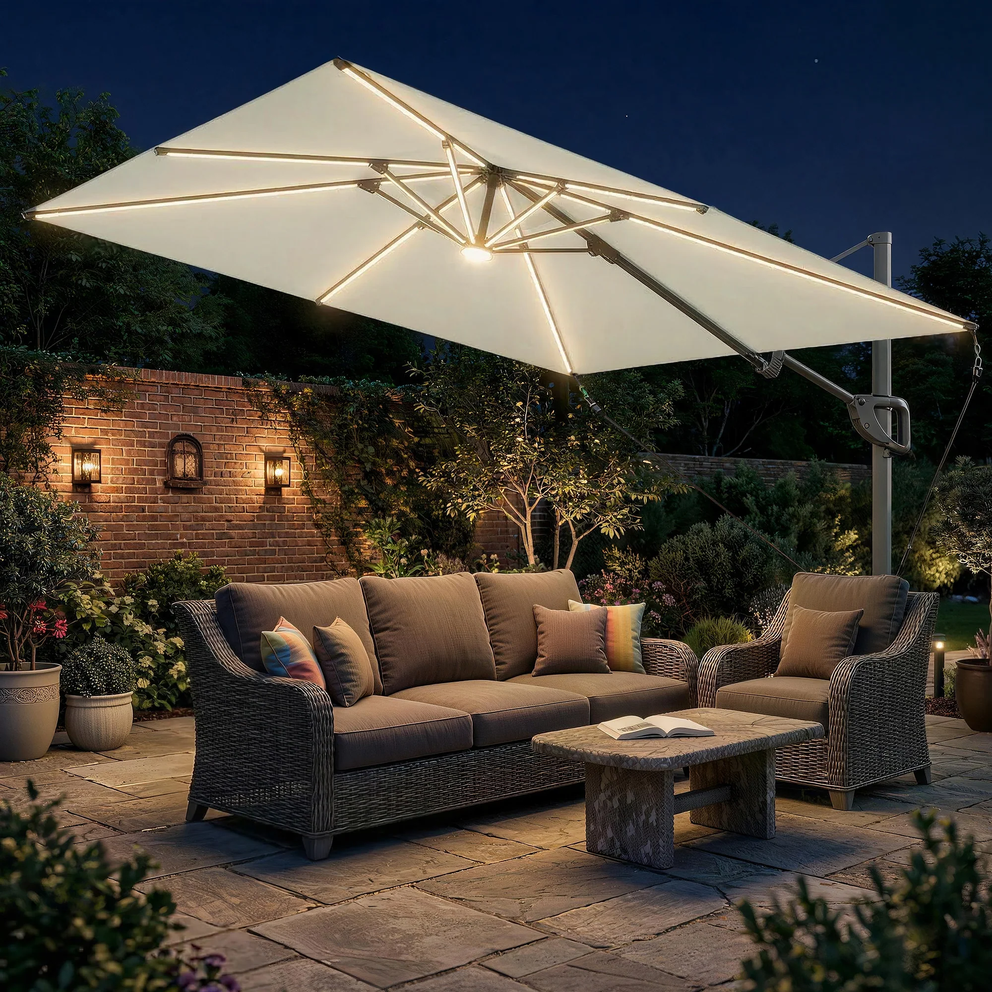 Outsunny 3 x 3 m Garden Cantilever Parasol w/ Light, Cover, Wind Protection - Image 2