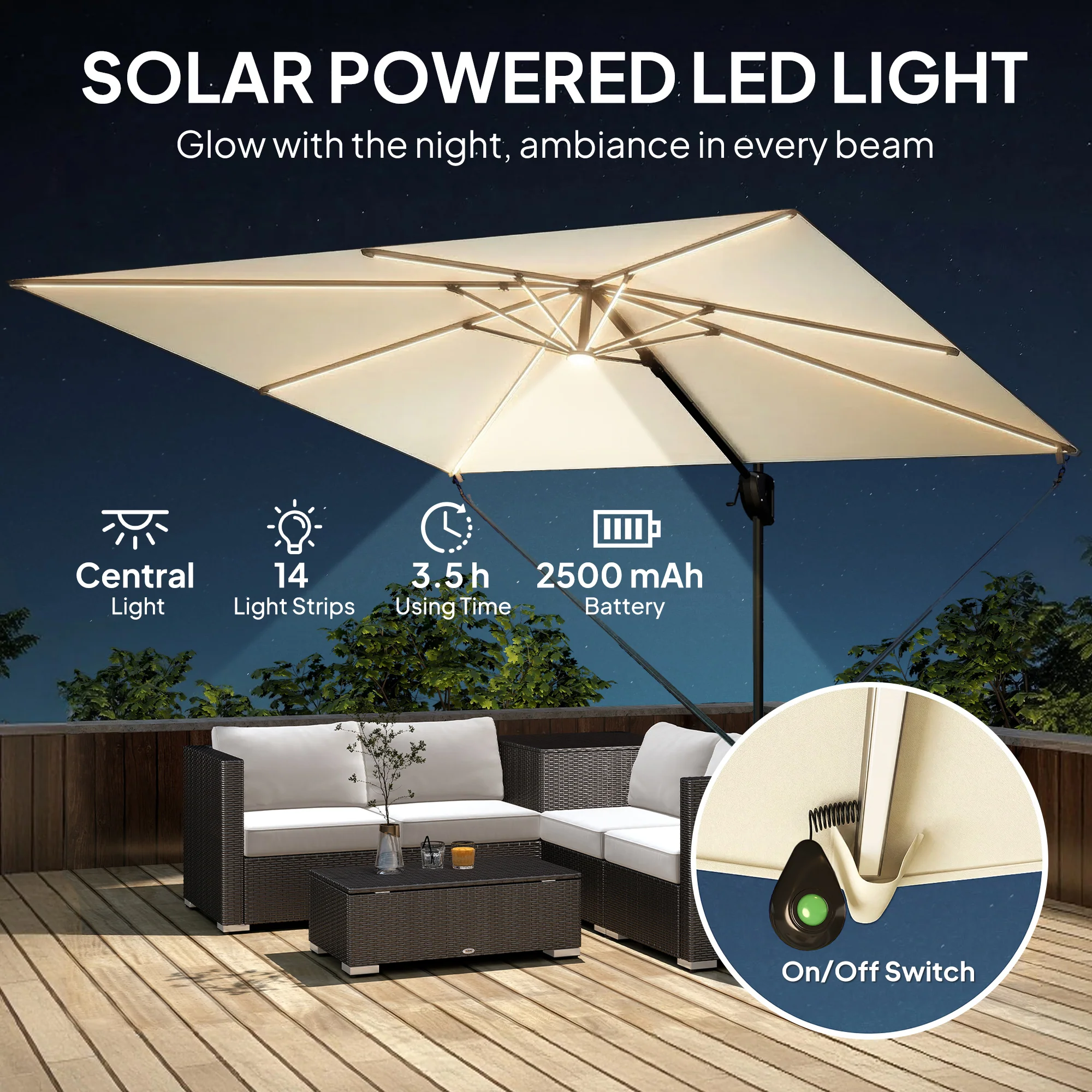Outsunny 3 x 3 m Garden Cantilever Parasol w/ Light, Cover, Wind Protection - Image 3