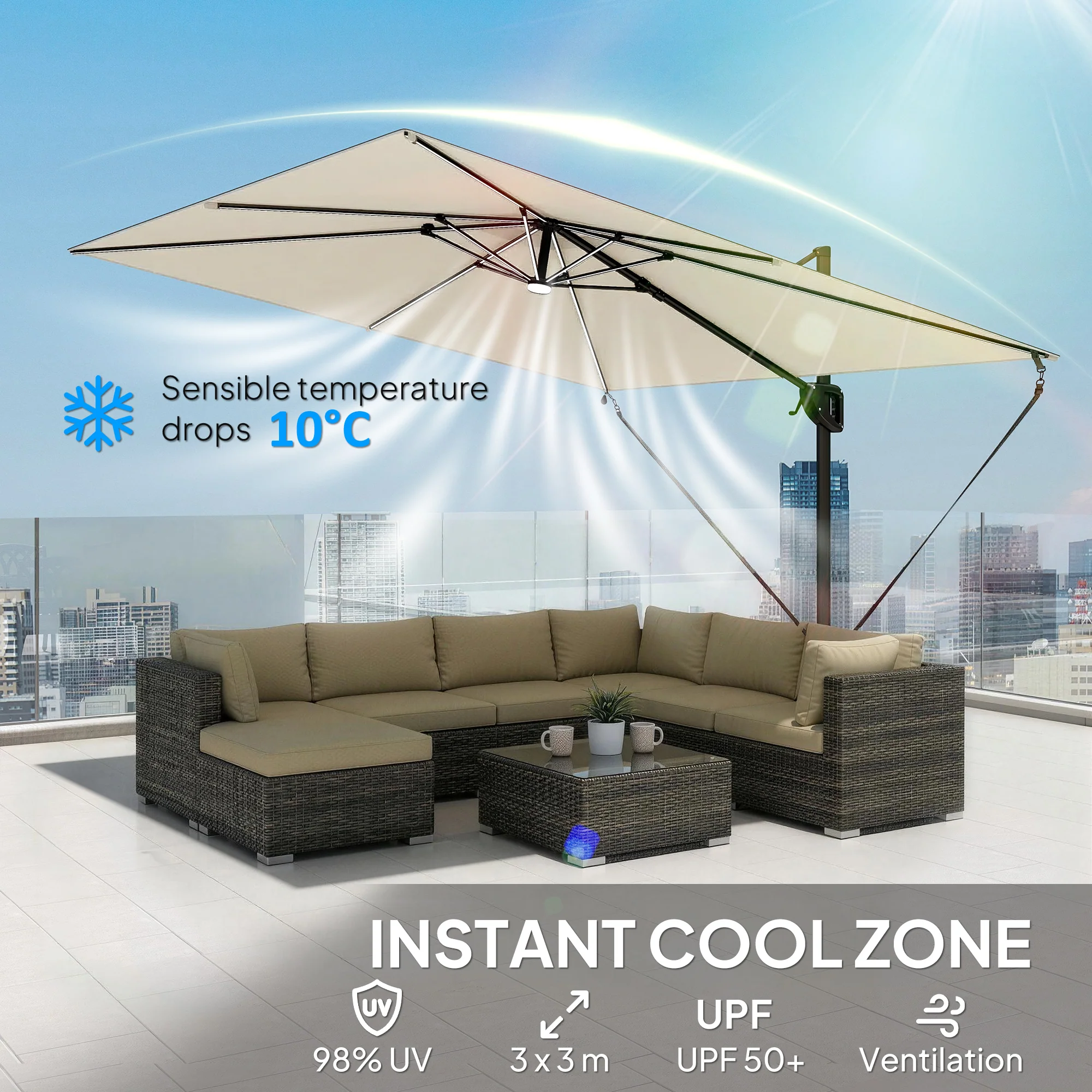 Outsunny 3 x 3 m Garden Cantilever Parasol w/ Light, Cover, Wind Protection - Image 7