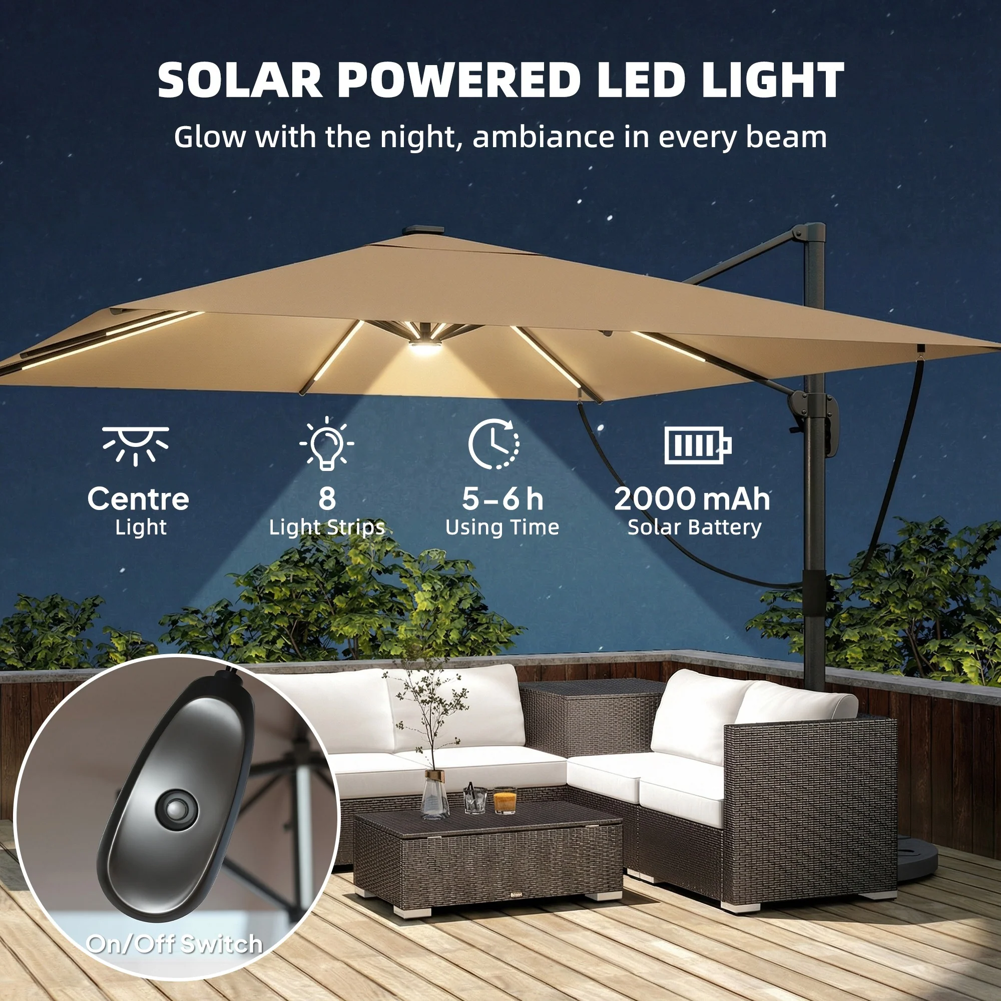 Outsunny 3 X 3 M Garden Cantilever Parasol W/ Light, Cover, Wind Protection - Image 4