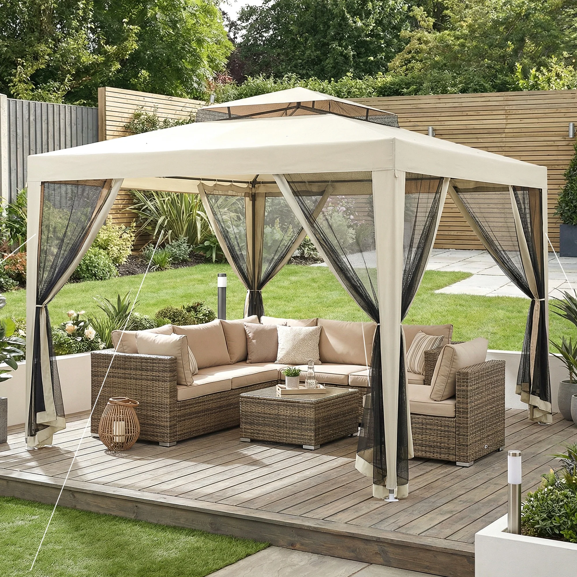 Outsunny 3 x 3 m Gazebo, Netting Party Tent w/ Double Tier Roof, Beige - Image 2