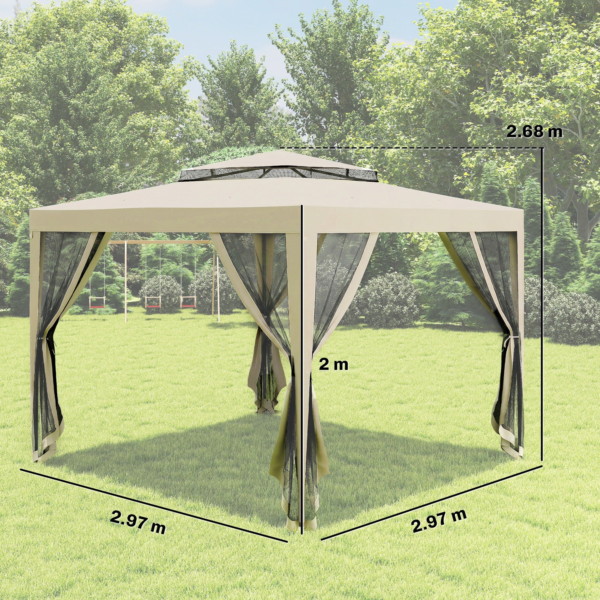 Outsunny 3 x 3 m Gazebo, Netting Party Tent w/ Double Tier Roof, Beige - Image 3