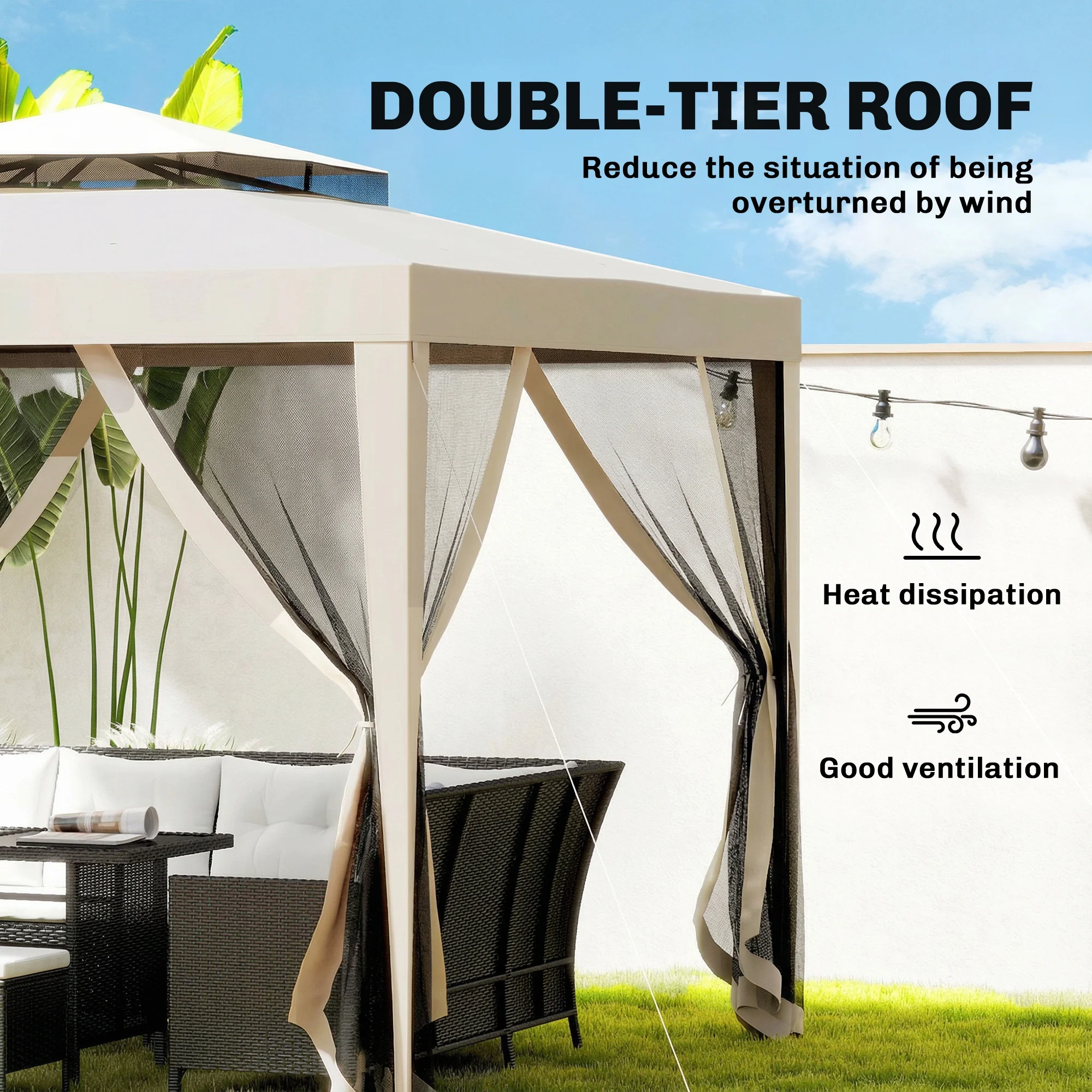 Outsunny 3 x 3 m Gazebo, Netting Party Tent w/ Double Tier Roof, Beige - Image 4