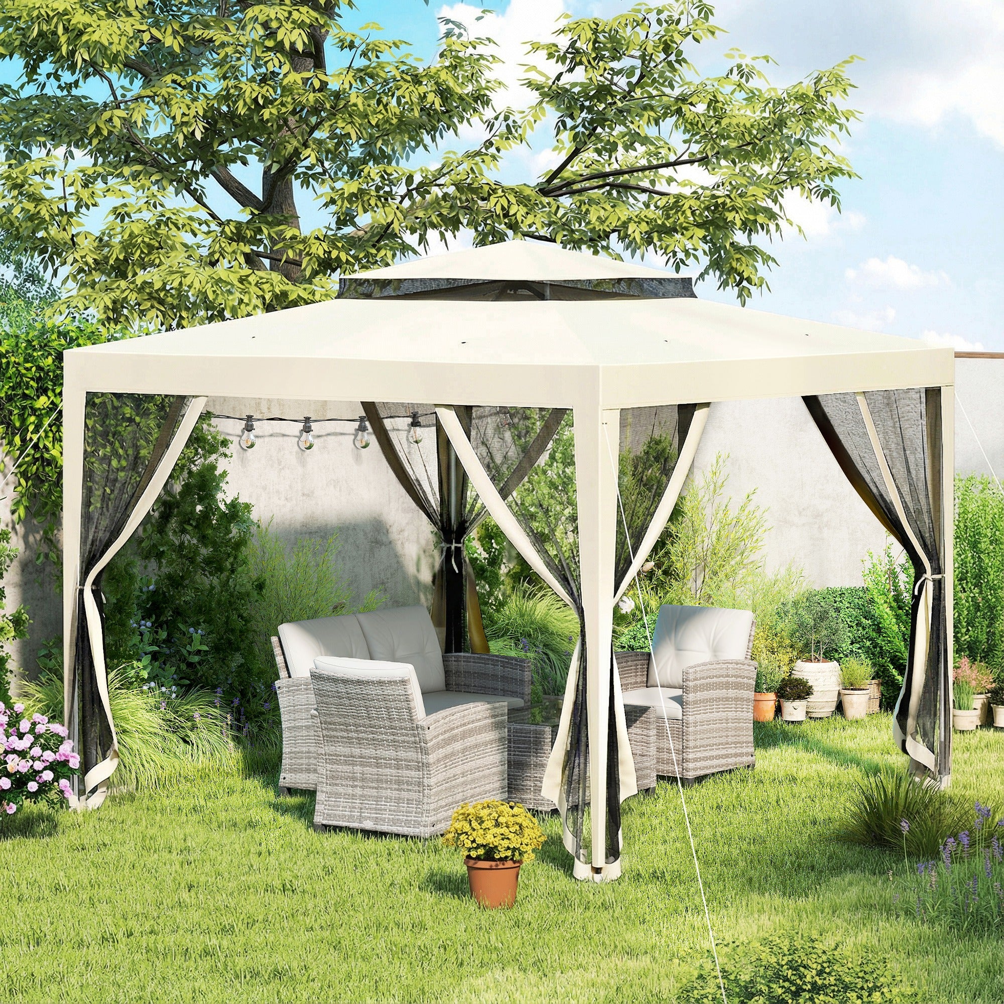 Outsunny 3 x 3 m Gazebo, Netting Party Tent w/ Double Tier Roof, Beige - Image 9