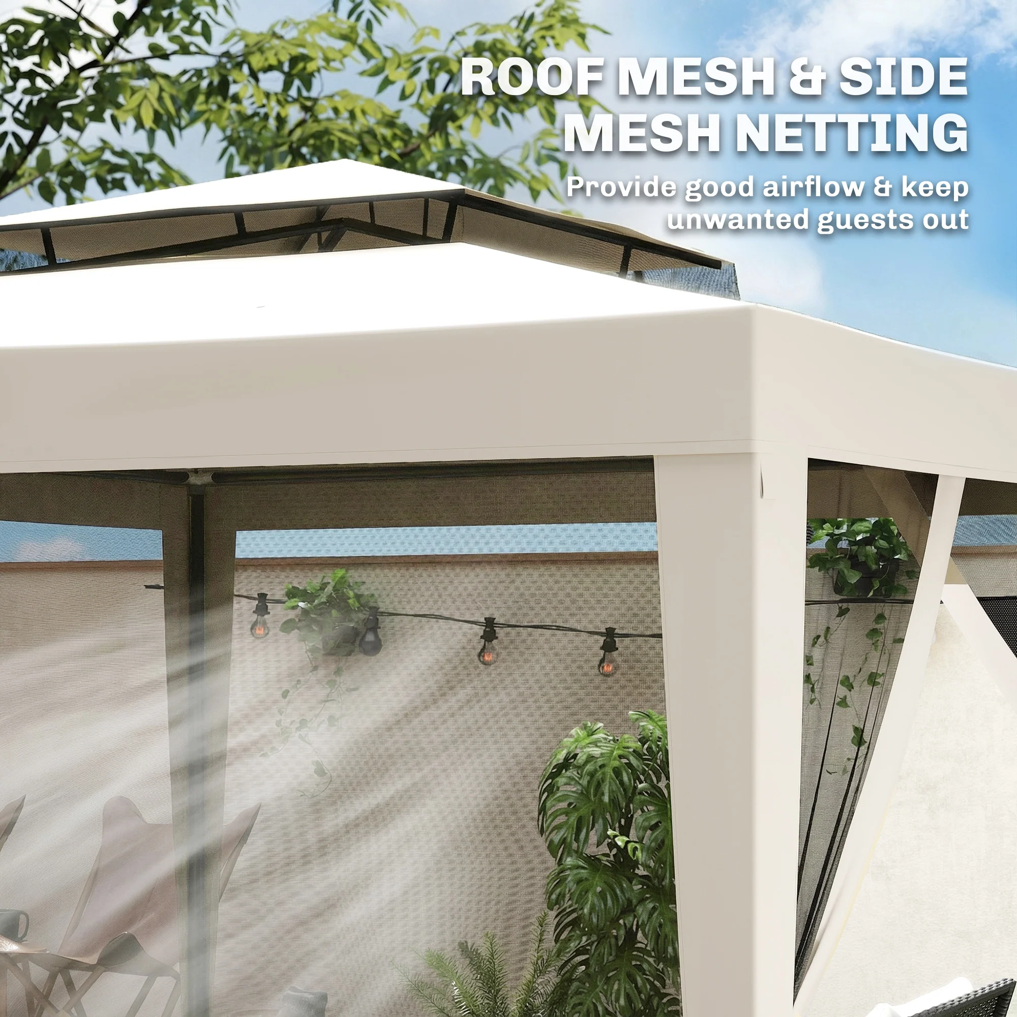 Outsunny 3 x 3 m Gazebo, Netting Party Tent w/ Double Tier Roof, Cream White - Image 6