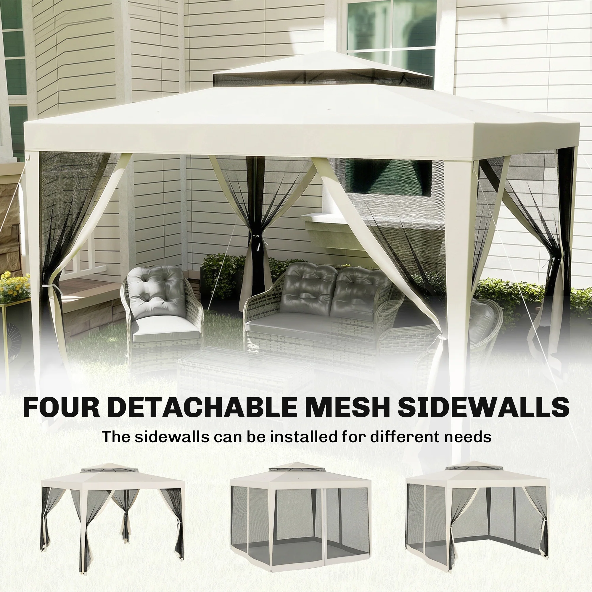 Outsunny 3 x 3 m Gazebo, Netting Party Tent w/ Double Tier Roof, Cream White - Image 7