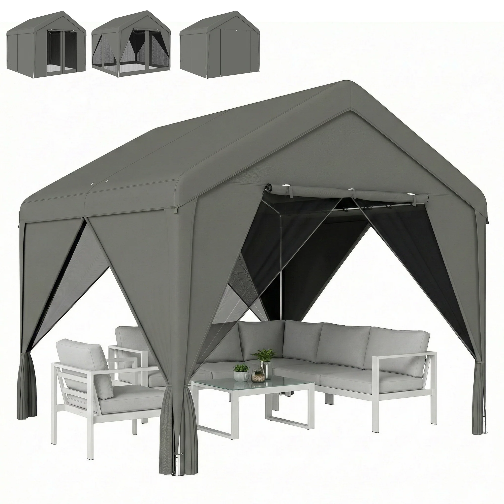 Outsunny 3 X 3 M Outdoor Patio Gazebo With Netting And Curtains, Dark Grey