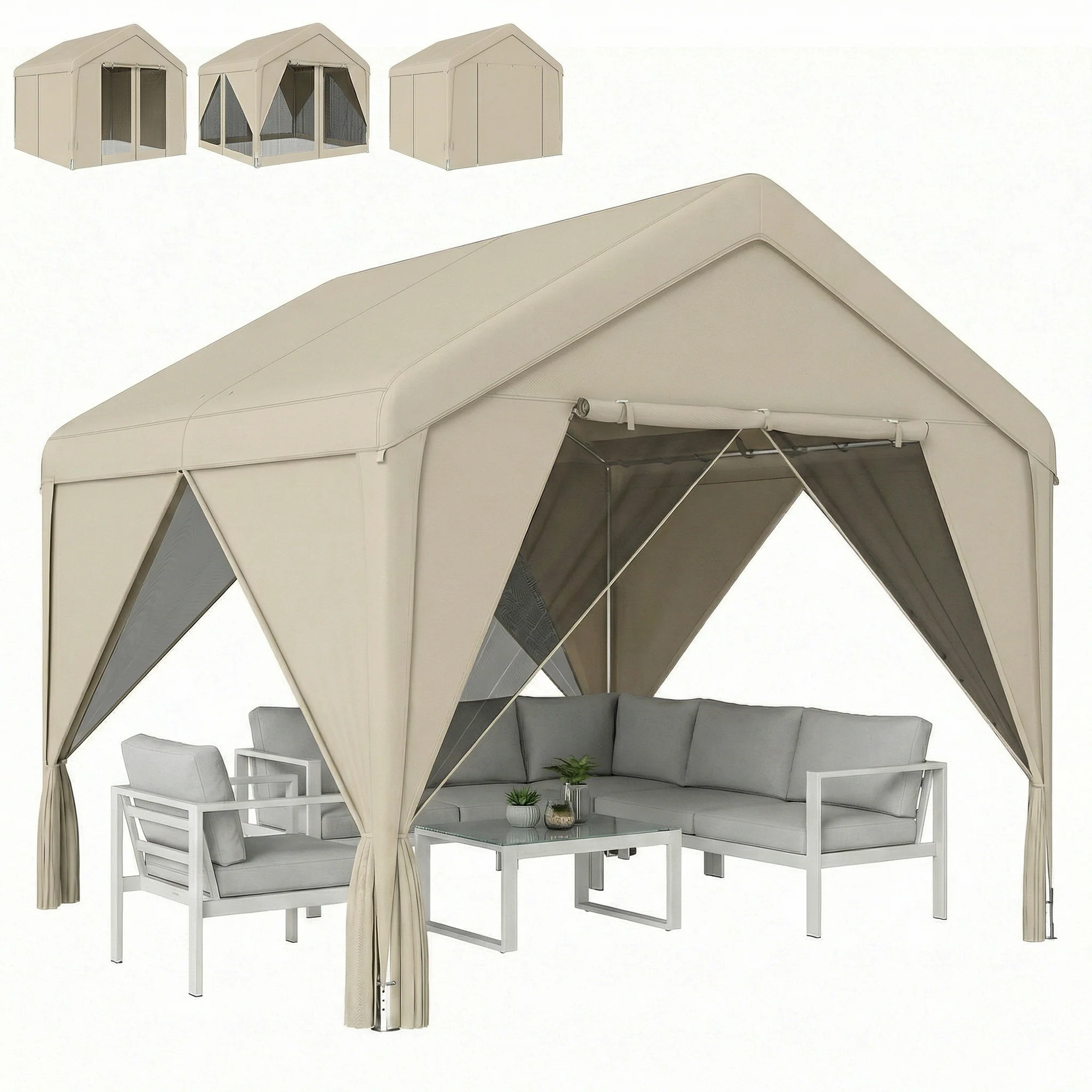 Outsunny 3 X 3 M Outdoor Patio Gazebo With Netting And Curtains, Khaki