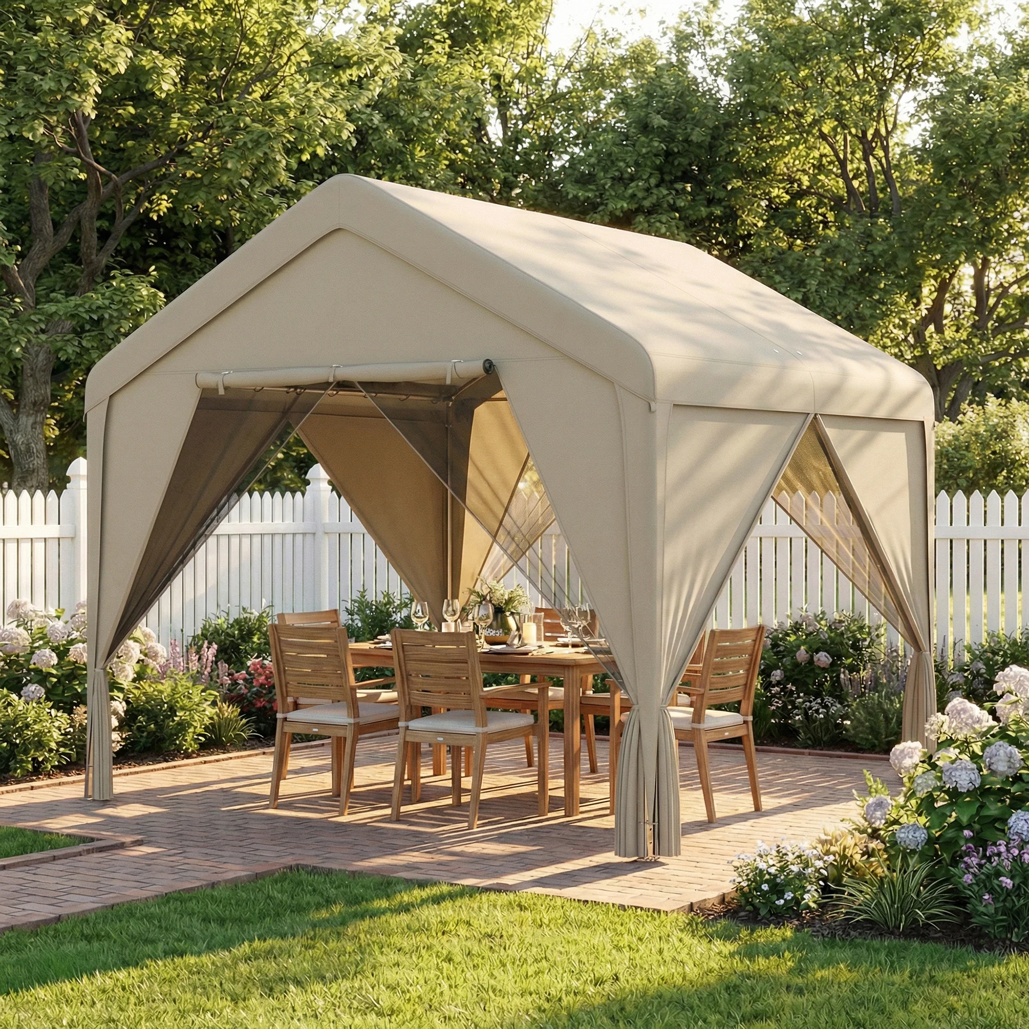 Outsunny 3 X 3 M Outdoor Patio Gazebo With Netting And Curtains, Khaki - Image 2