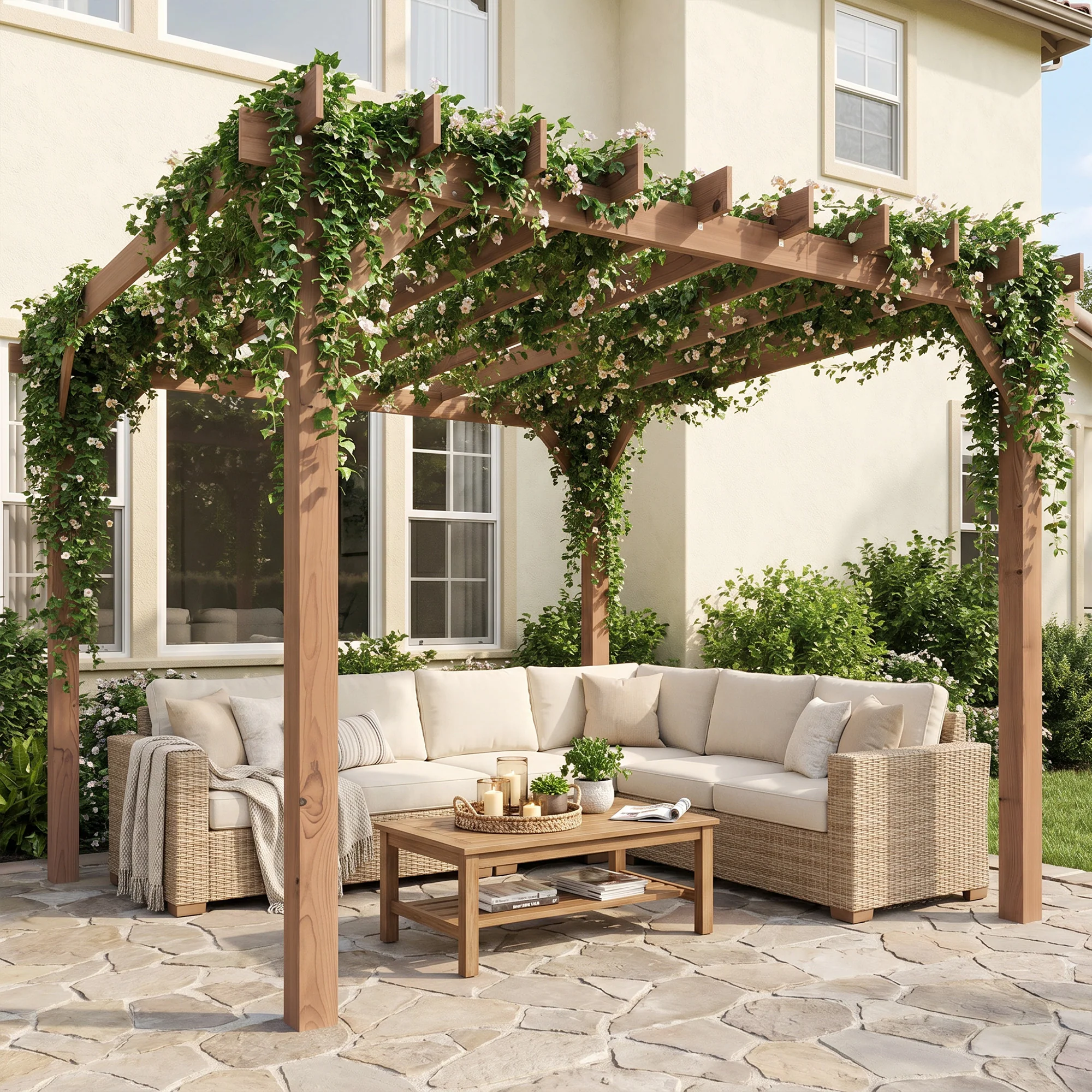 Outsunny 3 x 3 m Wooden Pergola Gazebo Grape Trellis, Maple Wood-effect - Image 2