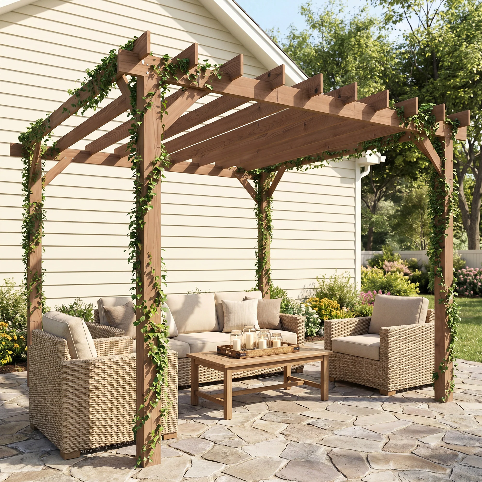 Outsunny 3 x 3 m Wooden Pergola Gazebo Grape Trellis, Maple Wood-effect - Image 7