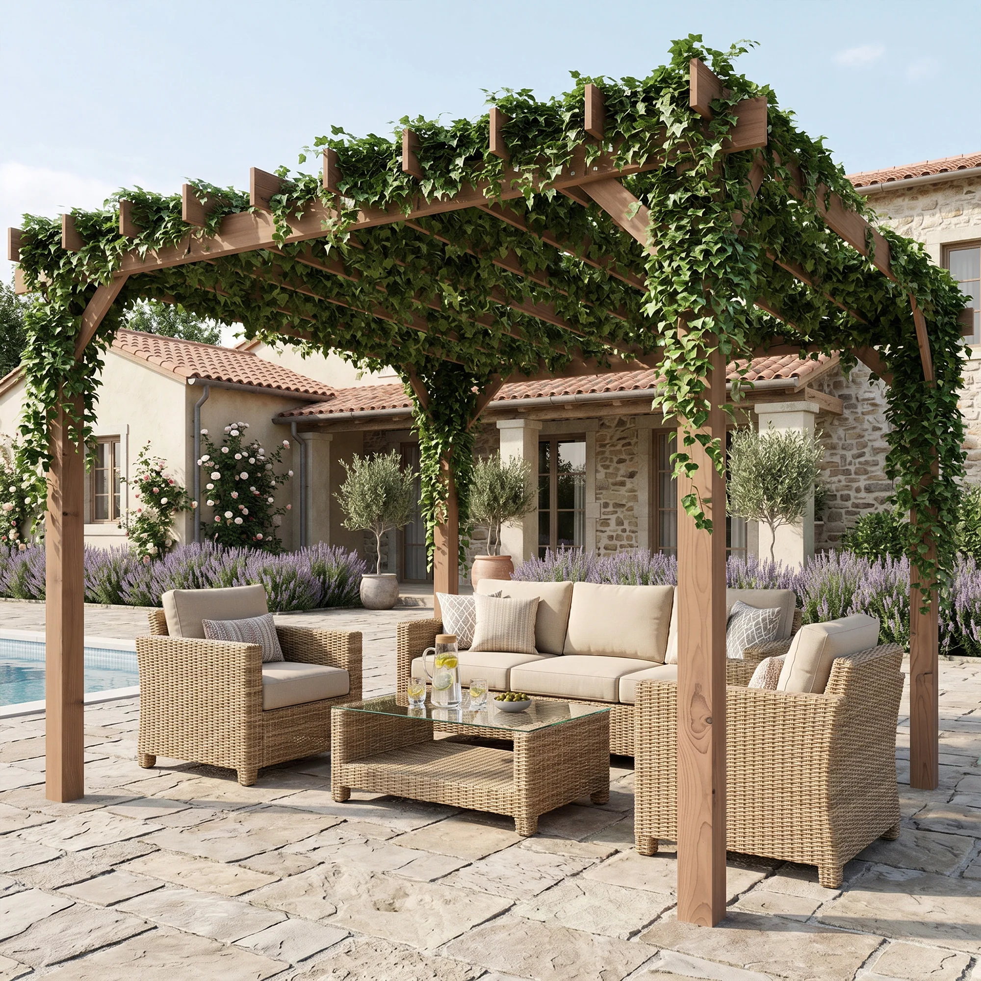 Outsunny 3 x 3 m Wooden Pergola Gazebo Grape Trellis, Maple Wood-effect - Image 8