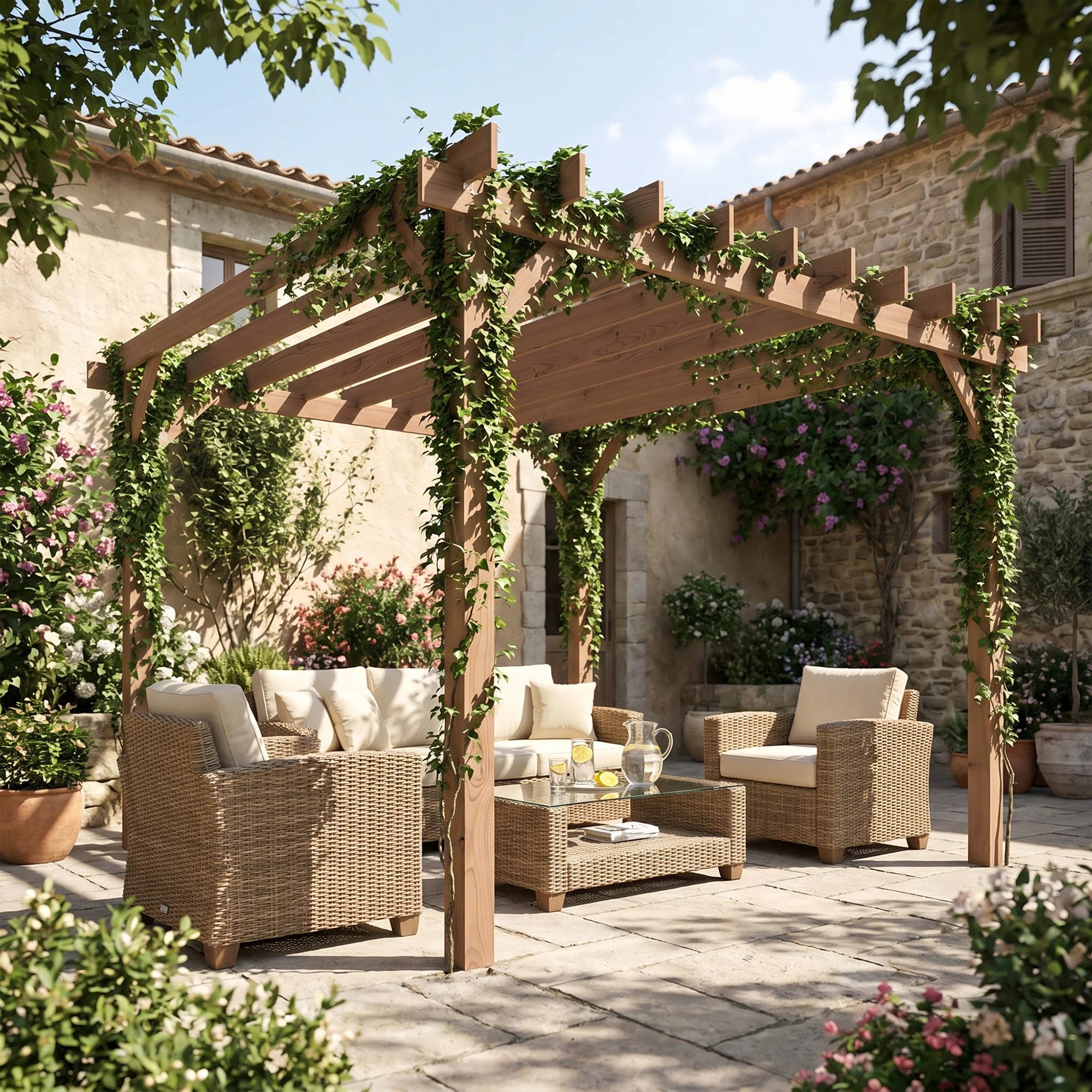 Outsunny 3 x 3 m Wooden Pergola Gazebo Grape Trellis, Maple Wood-effect - Image 9