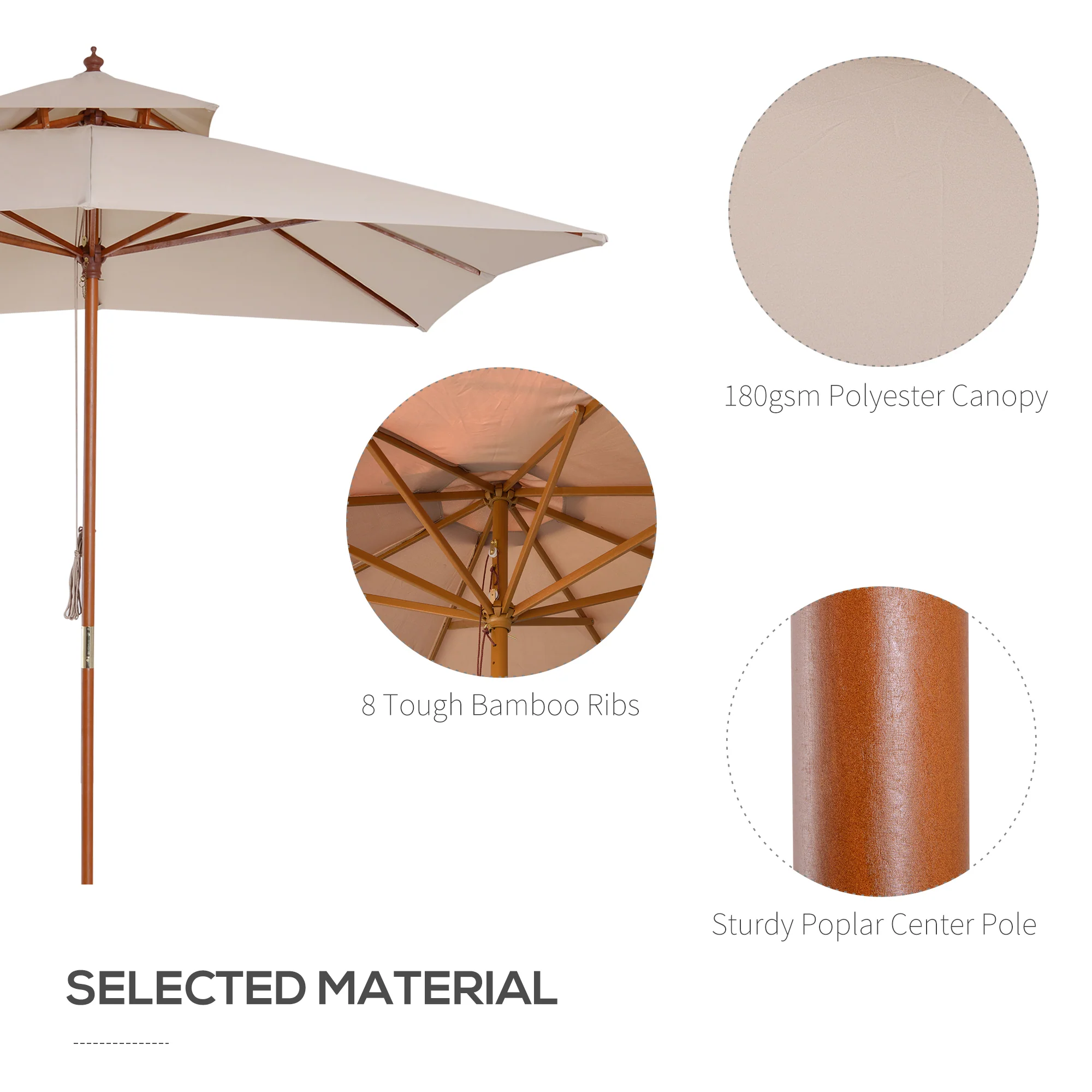 Outsunny 3 x 3 meter Patio Garden Sun Umbrella Sunshade Outdoor Wood Wooden Parasol Canopy Double Tier, Beige BASE NOT INCLUDED - Image 3