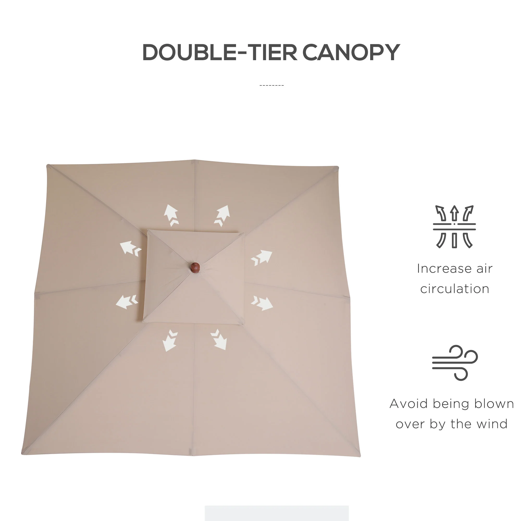 Outsunny 3 x 3 meter Patio Garden Sun Umbrella Sunshade Outdoor Wood Wooden Parasol Canopy Double Tier, Beige BASE NOT INCLUDED - Image 4