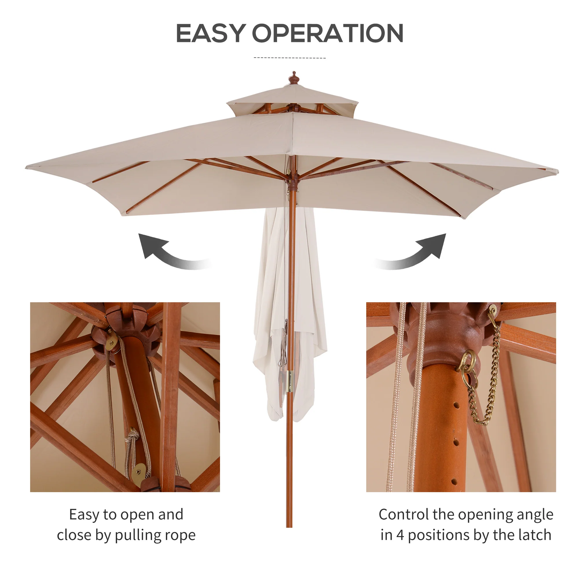 Outsunny 3 x 3 meter Patio Garden Sun Umbrella Sunshade Outdoor Wood Wooden Parasol Canopy Double Tier, Beige BASE NOT INCLUDED - Image 6