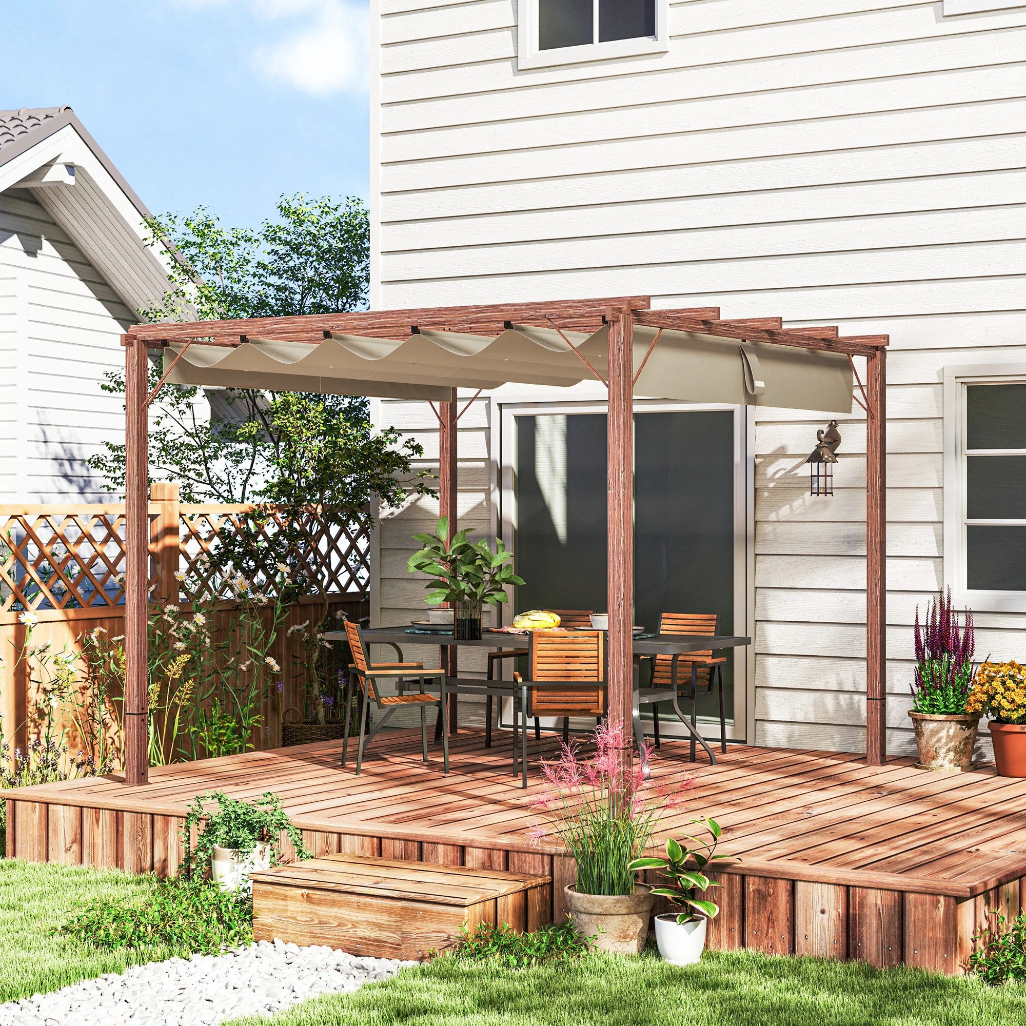 Outsunny 3 X 3(m) Aluminium Garden Pergola With Retractable Roof, Natural - Image 11