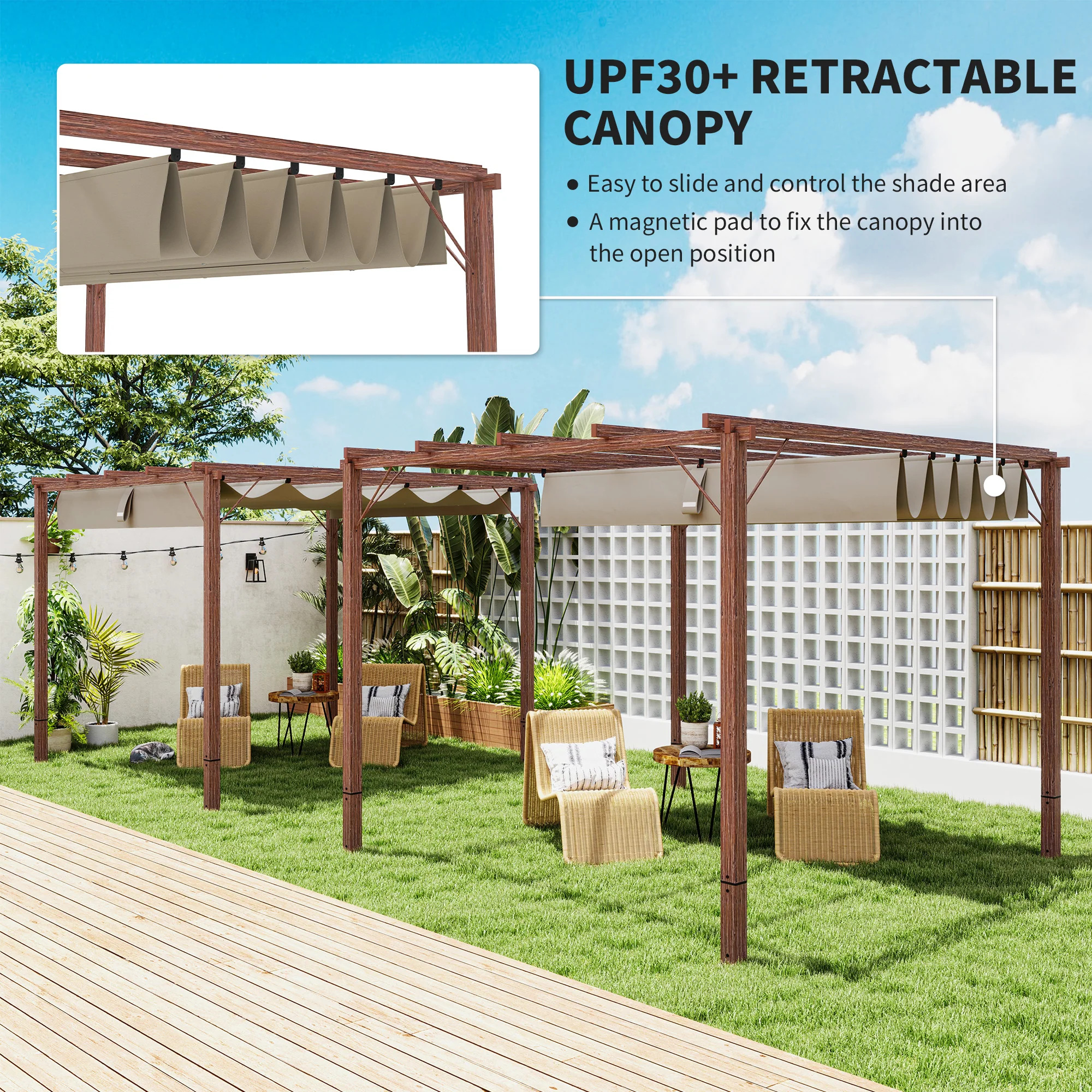 Outsunny 3 X 3(m) Aluminium Garden Pergola With Retractable Roof, Natural - Image 12