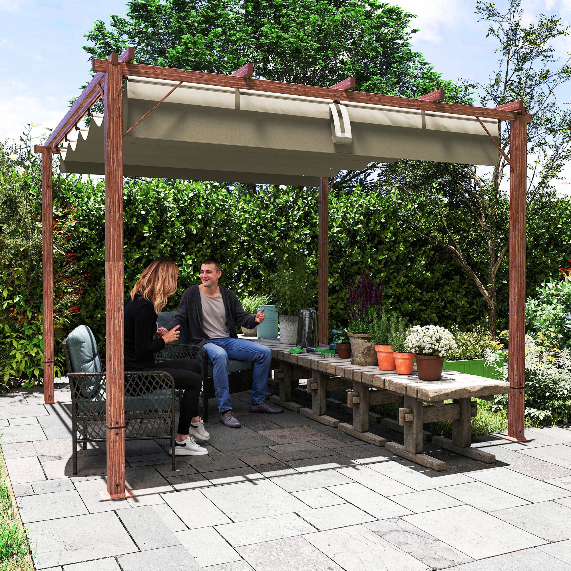 Outsunny 3 X 3(m) Aluminium Garden Pergola With Retractable Roof, Natural - Image 16