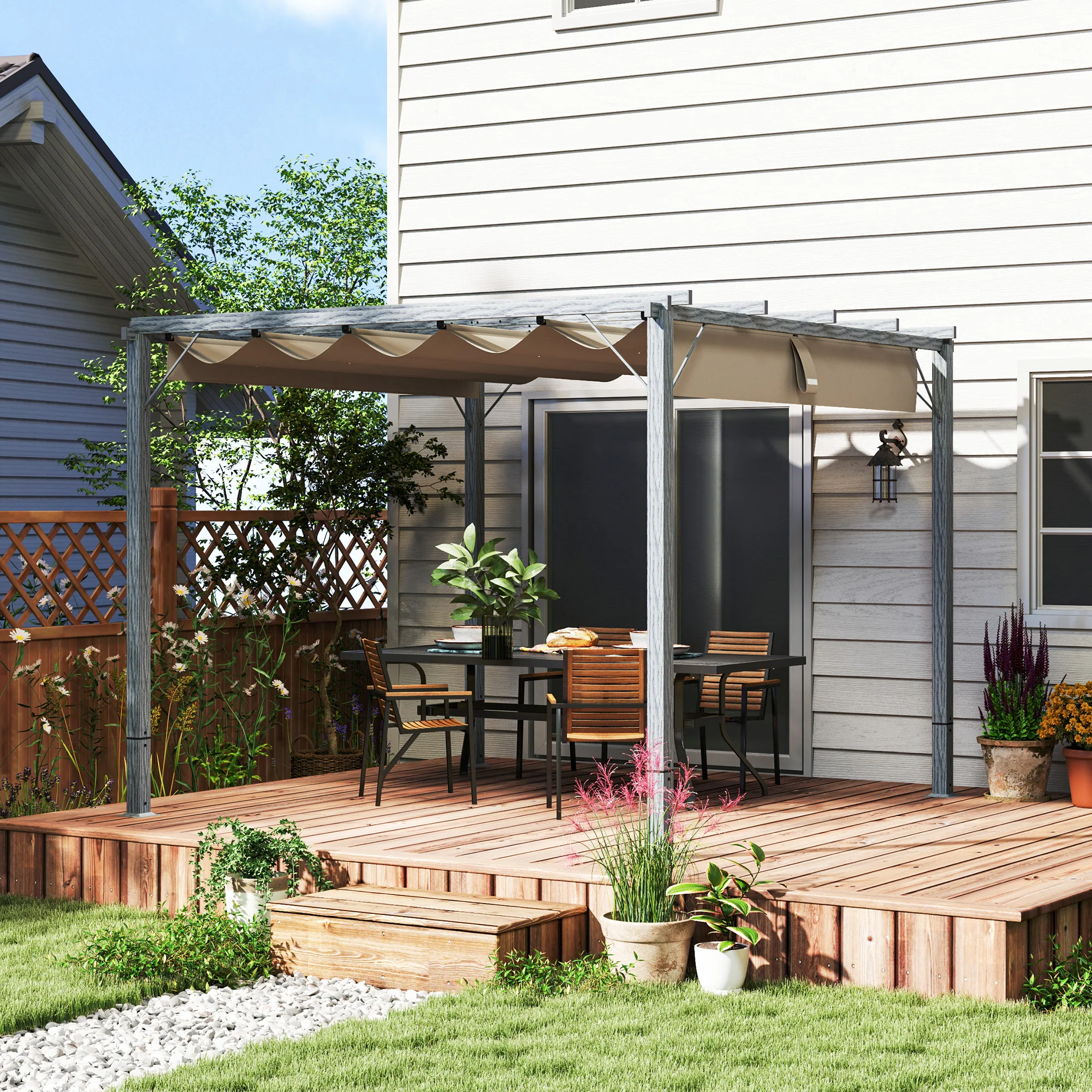 Outsunny 3 X 3(m) Aluminium Garden Pergola With Retractable Roof, Natural - Image 2
