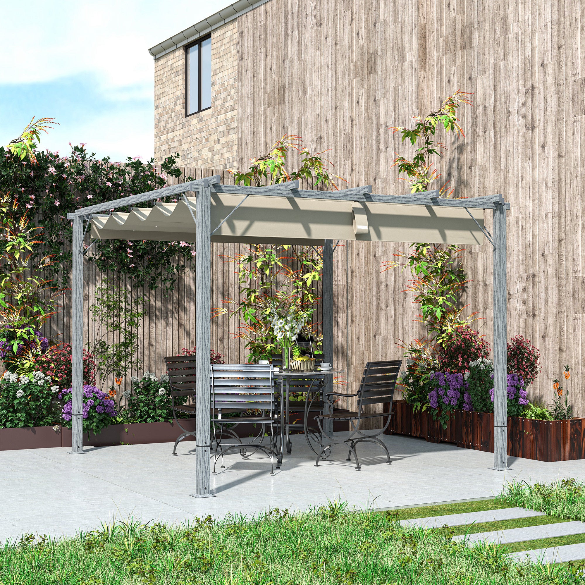 Outsunny 3 X 3(m) Aluminium Garden Pergola With Retractable Roof, Natural - Image 8