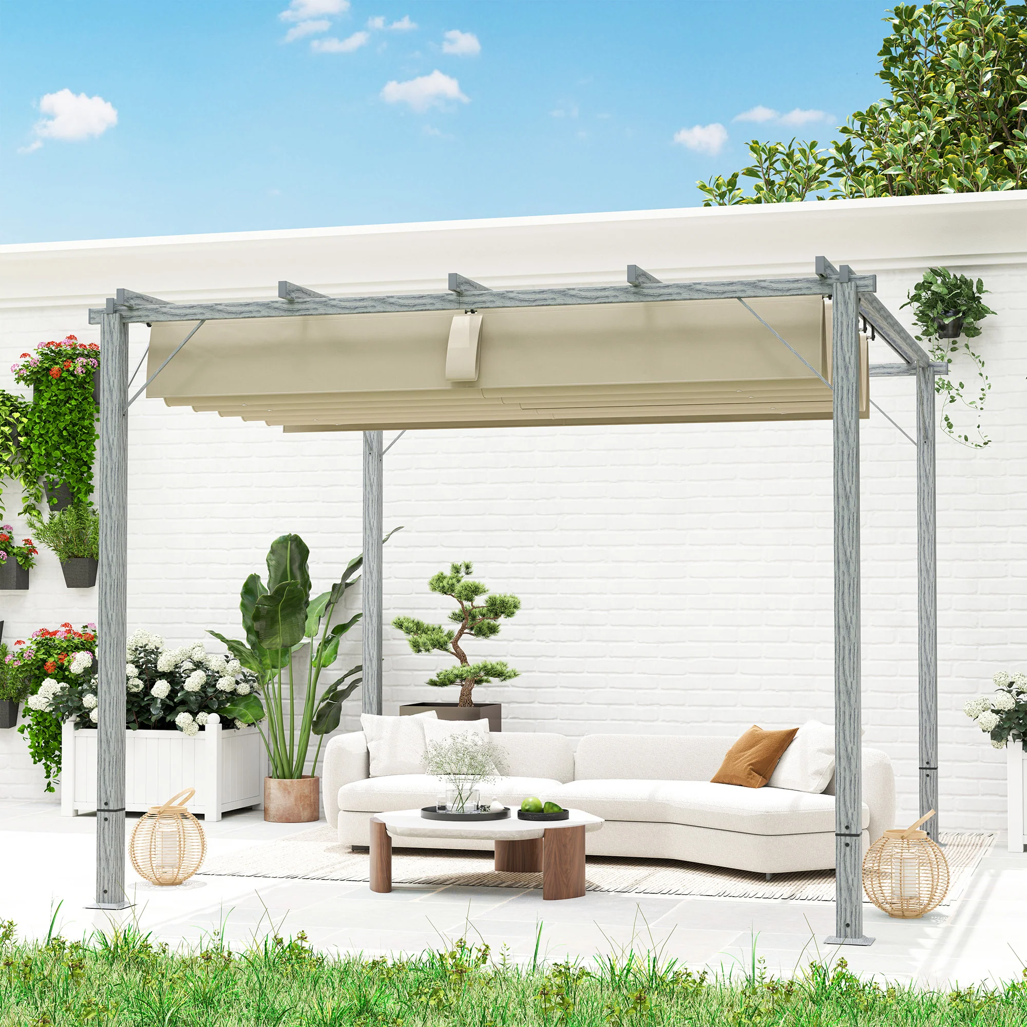 Outsunny 3 X 3(m) Aluminium Garden Pergola With Retractable Roof, Natural - Image 9