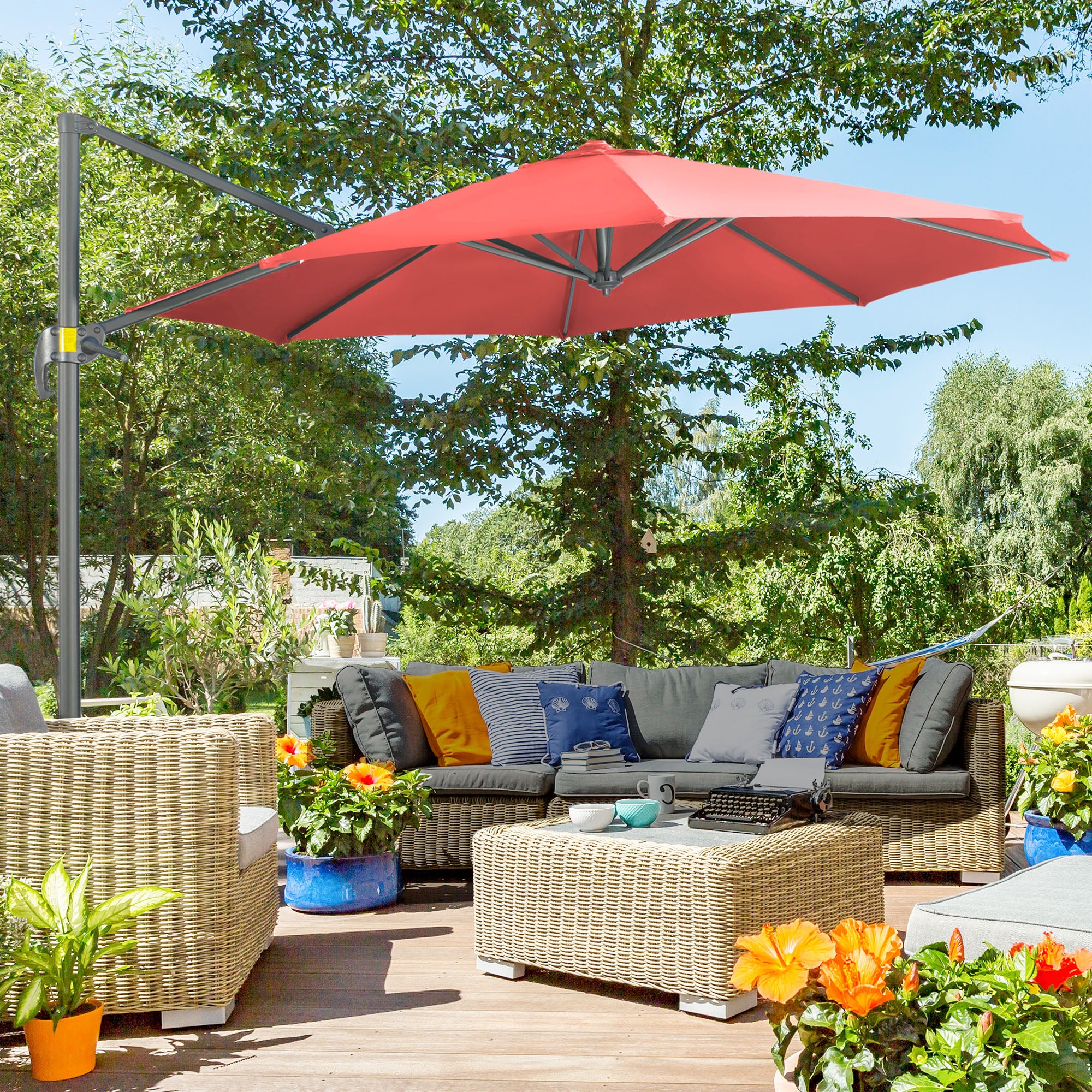 Outsunny 3 x 3(m) Cantilever Parasol Garden Umbrella with Cross Base Wine Red - Image 2