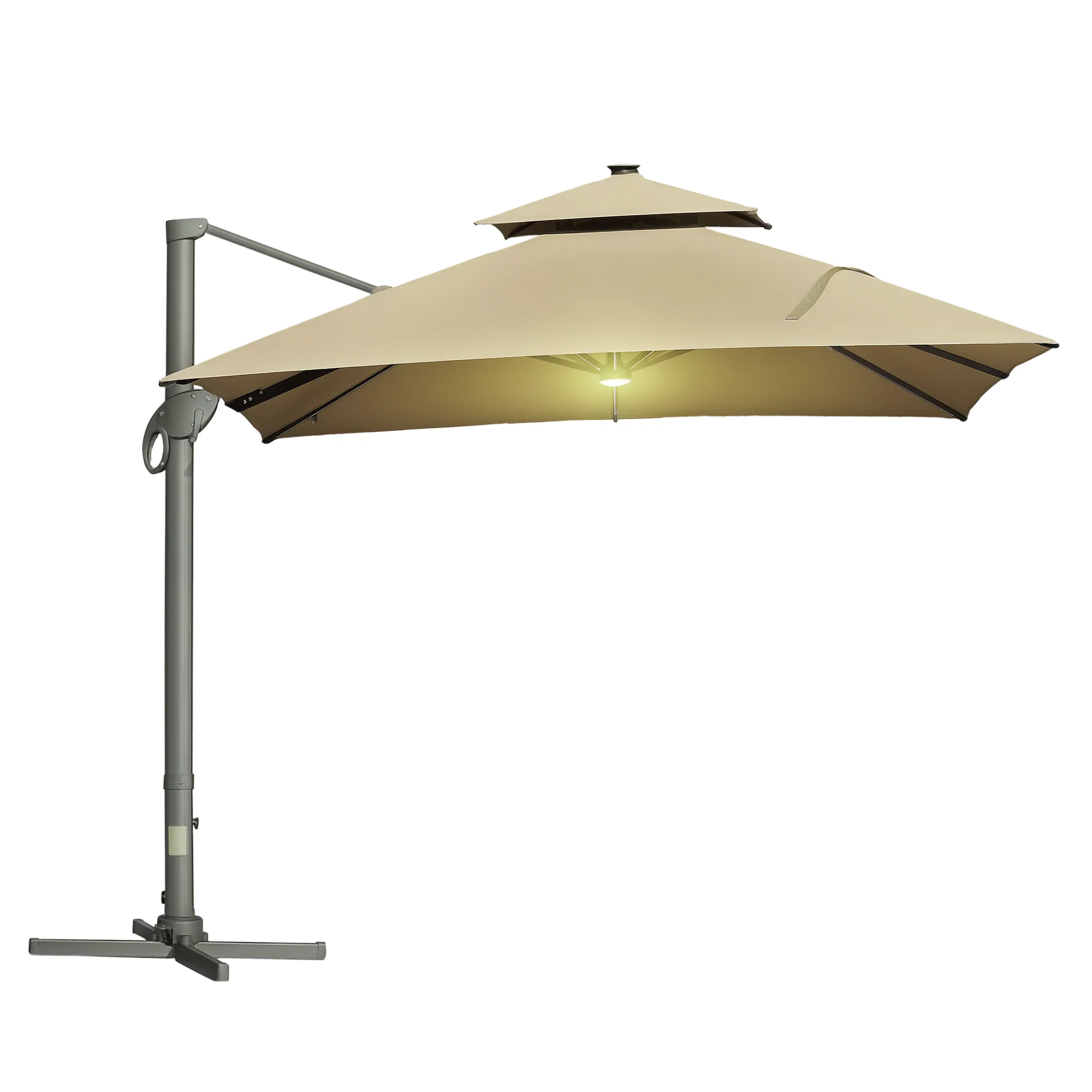 Outsunny 3 x 3(m) Cantilever Umbrella Power Bank Solar Cold Light Khaki