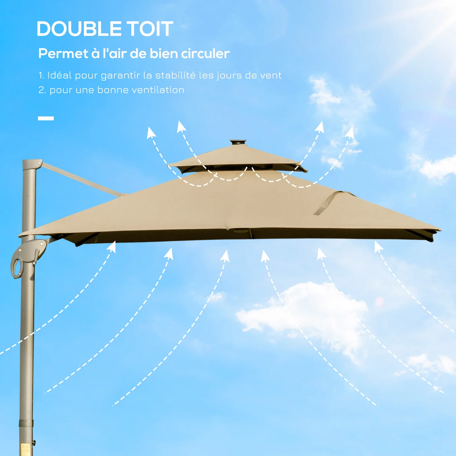 Outsunny 3 x 3(m) Cantilever Umbrella Power Bank Solar Cold Light Khaki - Image 3