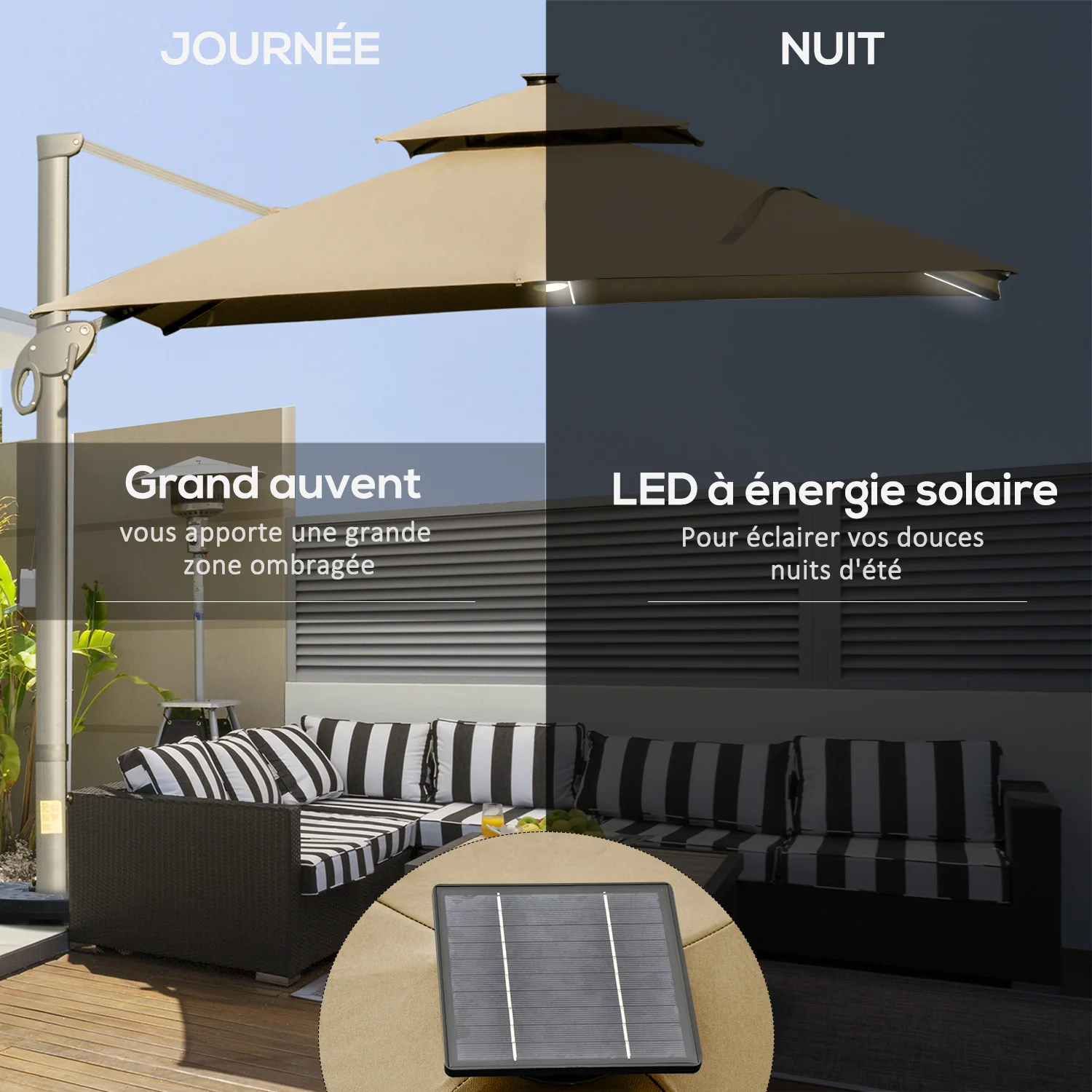 Outsunny 3 x 3(m) Cantilever Umbrella Power Bank Solar Cold Light Khaki - Image 4