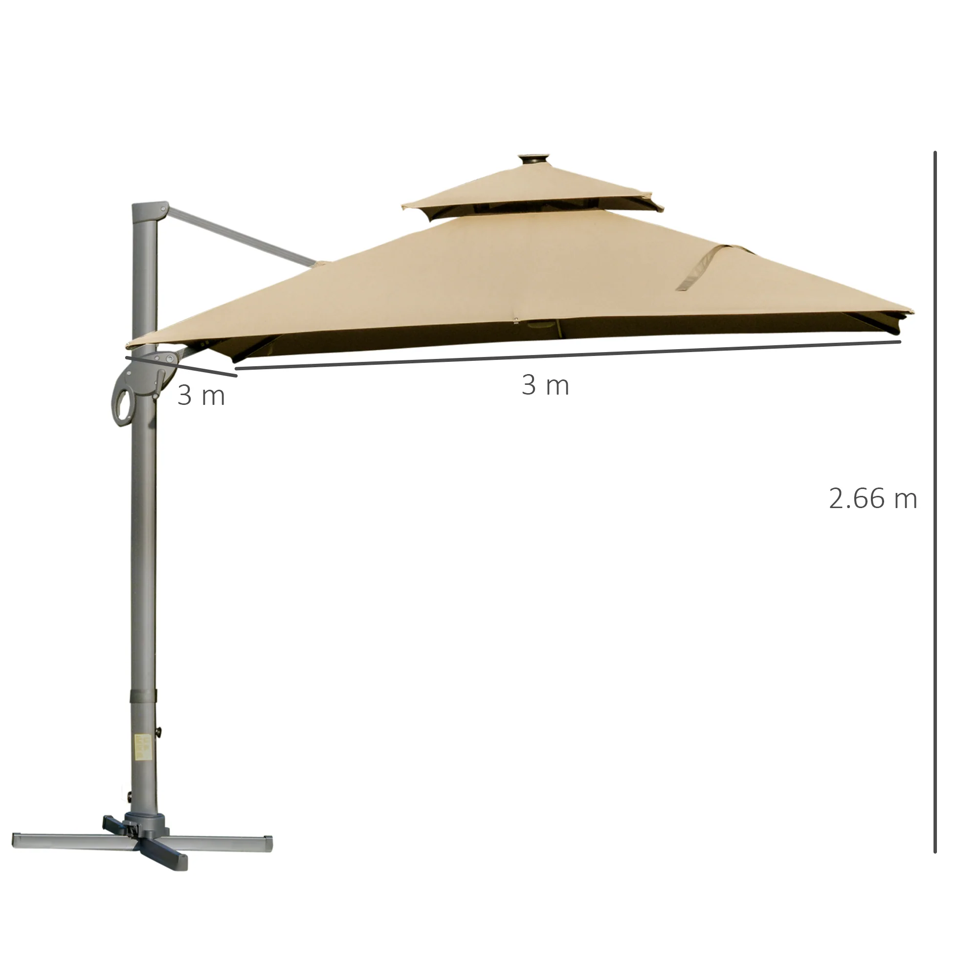 Outsunny 3 x 3(m) Cantilever Umbrella Power Bank Solar Cold Light Khaki - Image 5