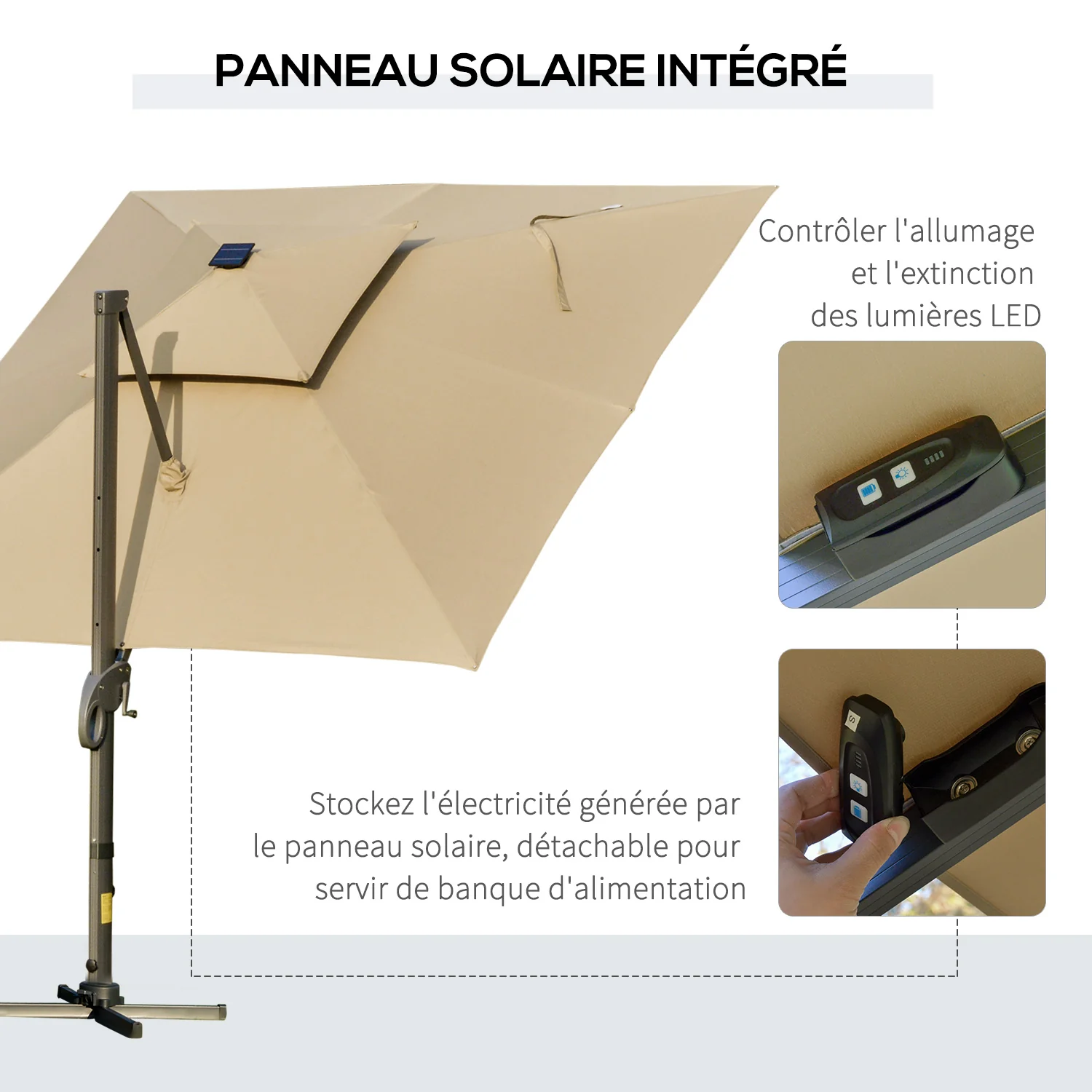 Outsunny 3 x 3(m) Cantilever Umbrella Power Bank Solar Cold Light Khaki - Image 6