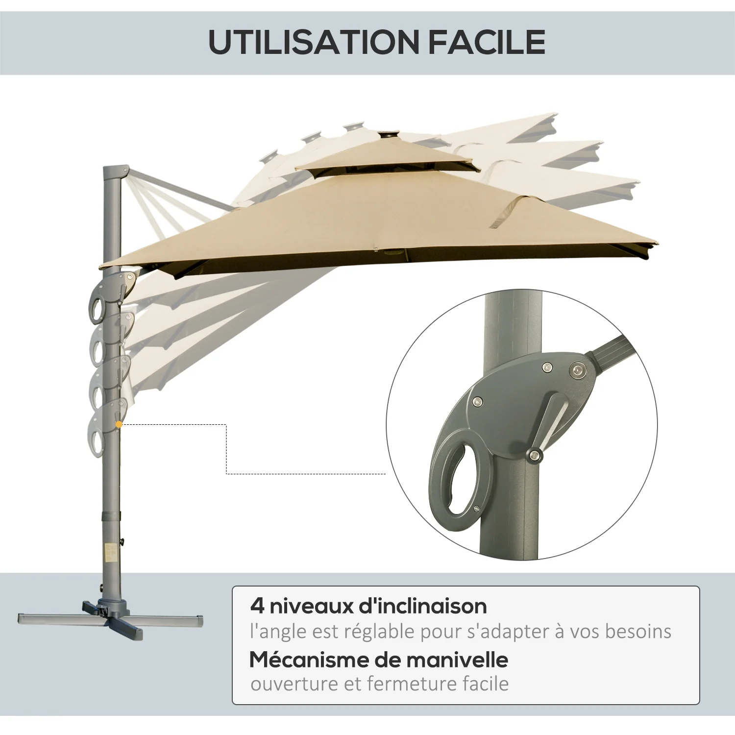 Outsunny 3 x 3(m) Cantilever Umbrella Power Bank Solar Cold Light Khaki - Image 7