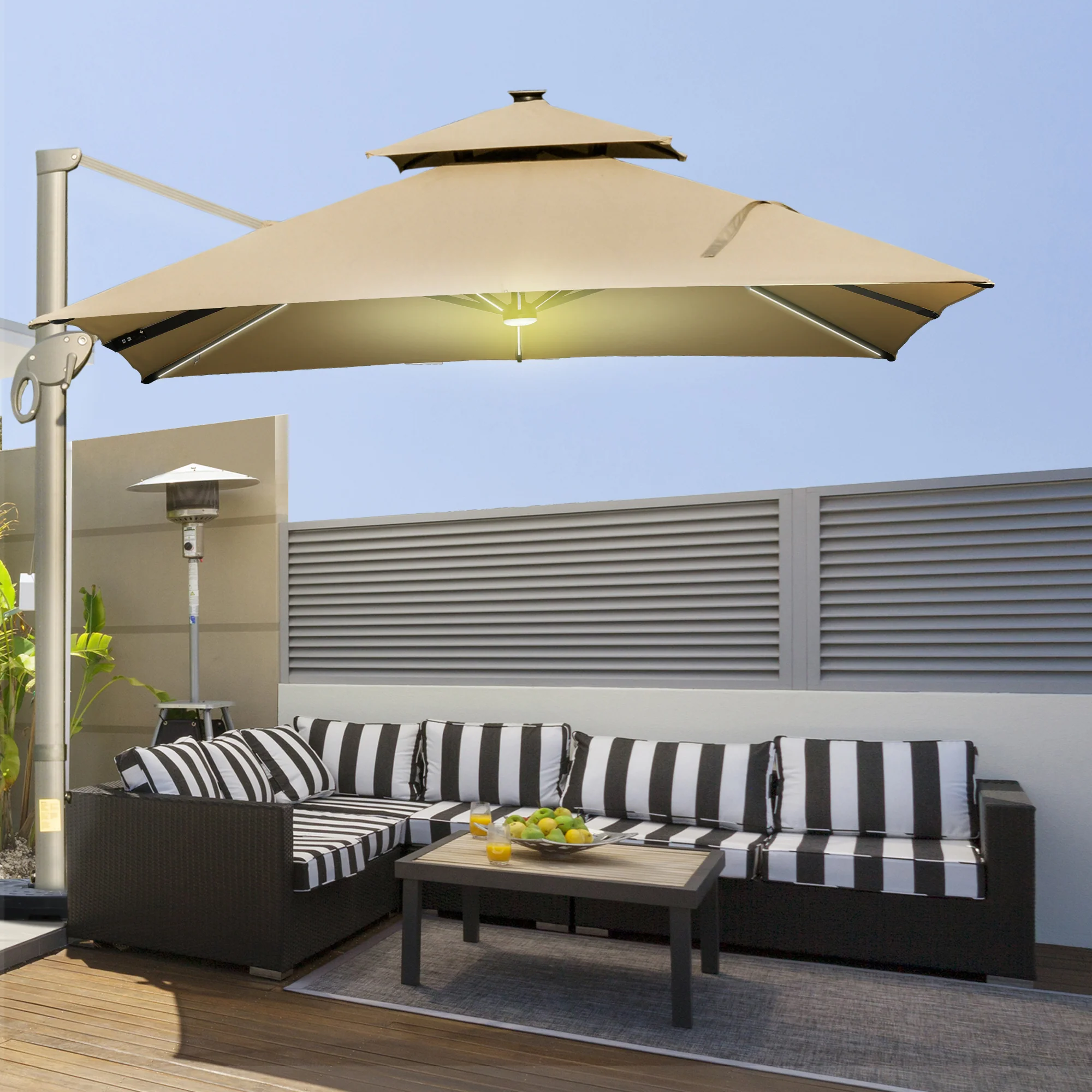 Outsunny 3 x 3(m) Cantilever Umbrella Power Bank Solar Cold Light Khaki - Image 9