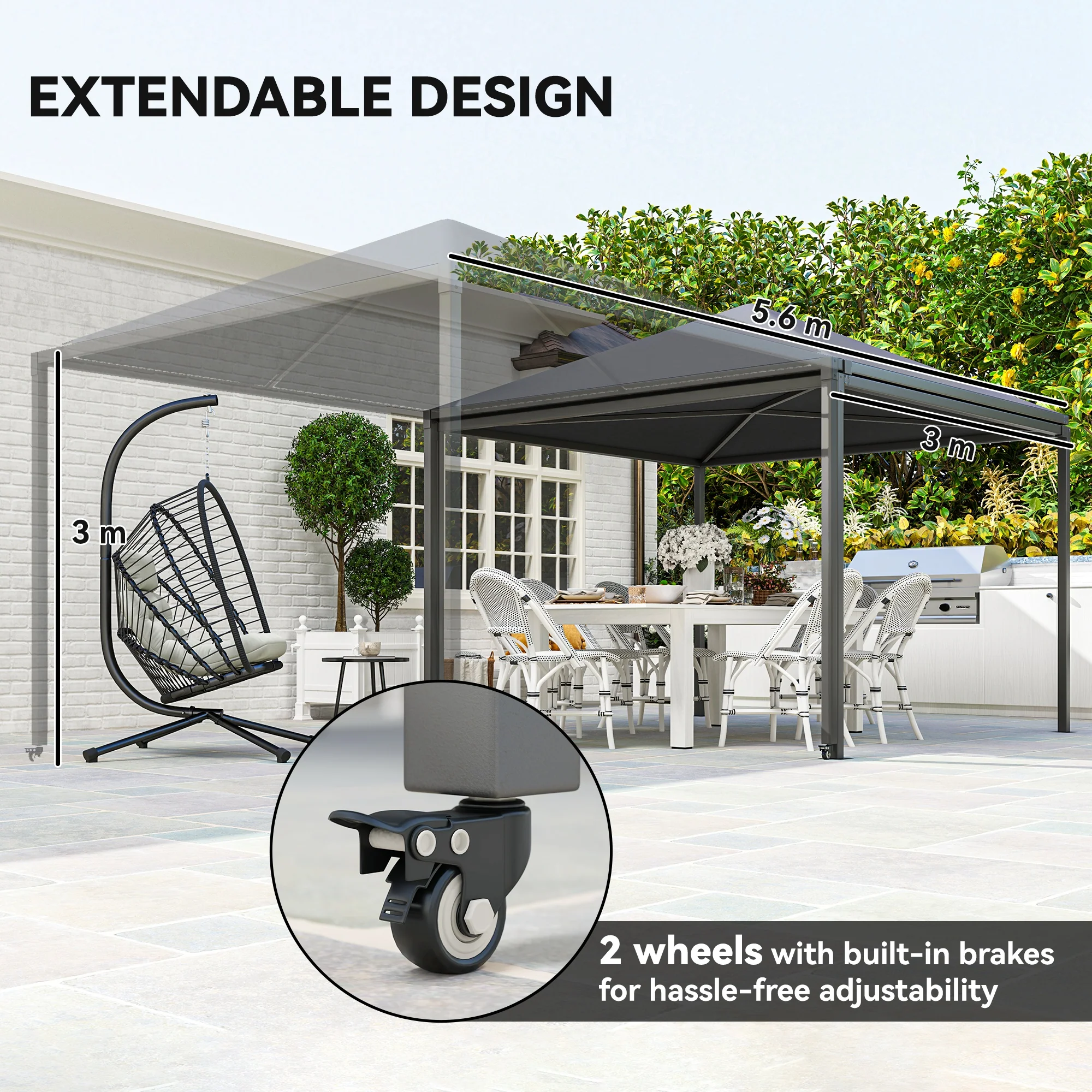 Outsunny 3 x 3(m) Garden Gazebo Canopy with Extendable Awning and Wheels - Image 3