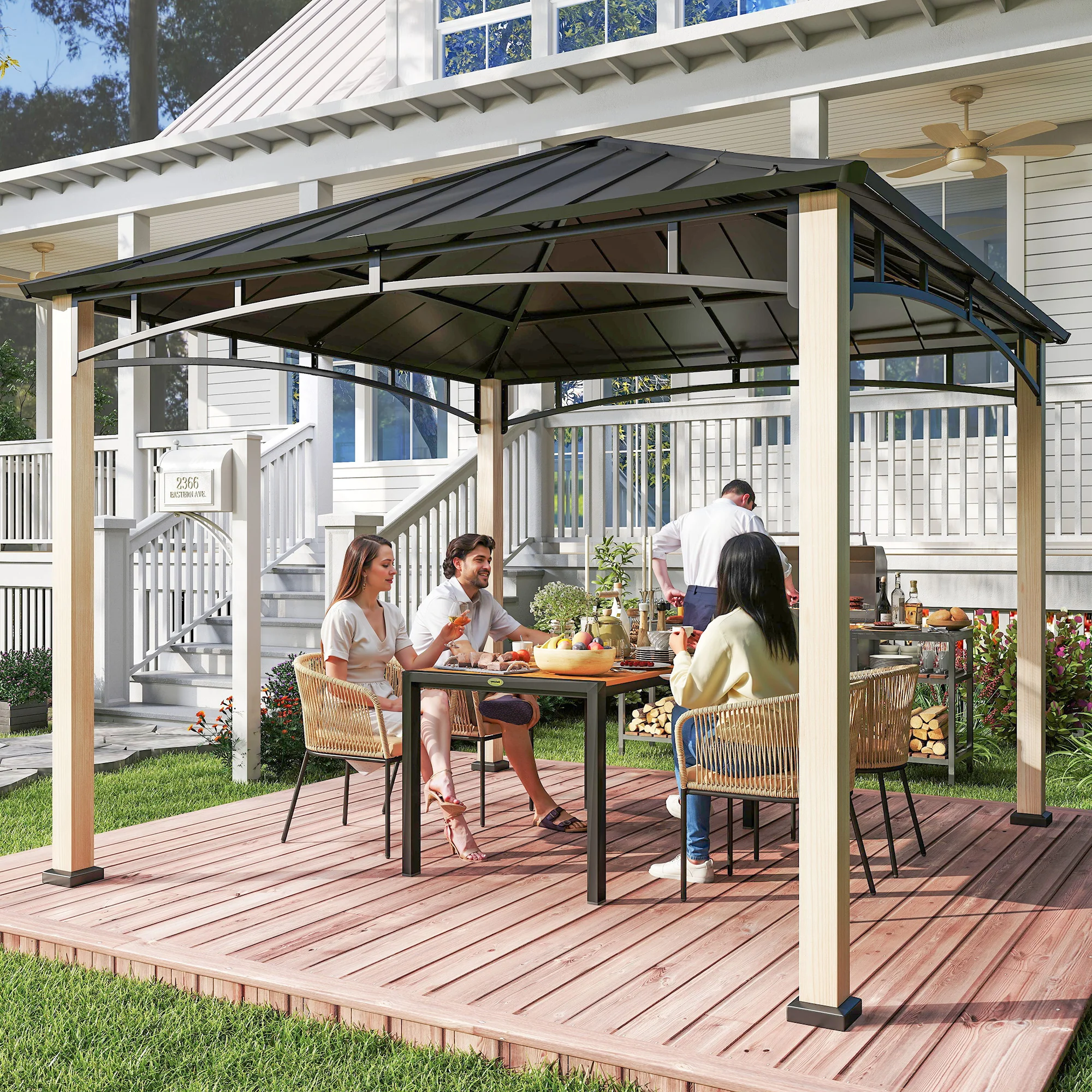 Outsunny 3 x 3(m) Hardtop Gazebo with Metal Roof and Wood Grain Frame - Image 2
