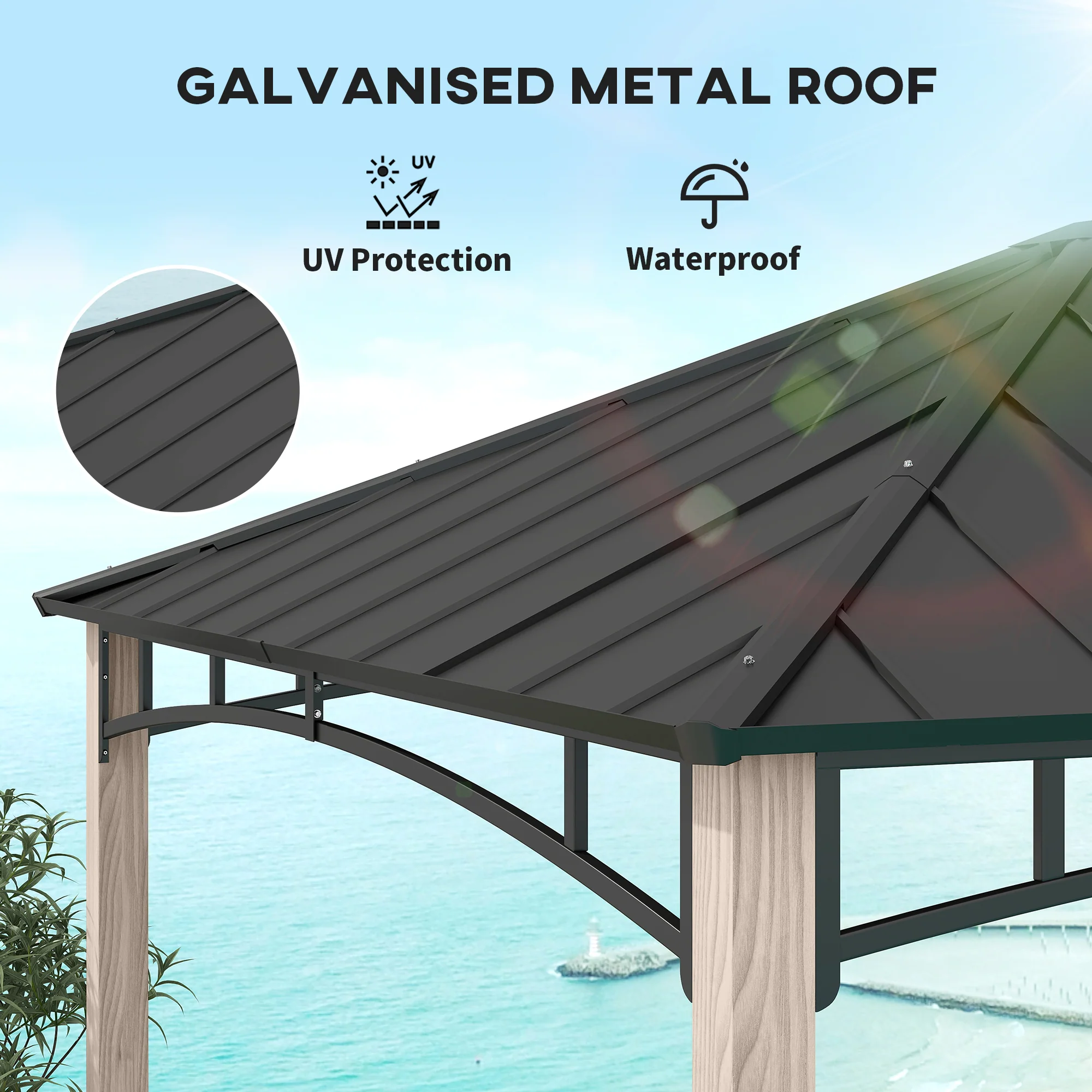 Outsunny 3 x 3(m) Hardtop Gazebo with Metal Roof and Wood Grain Frame - Image 3