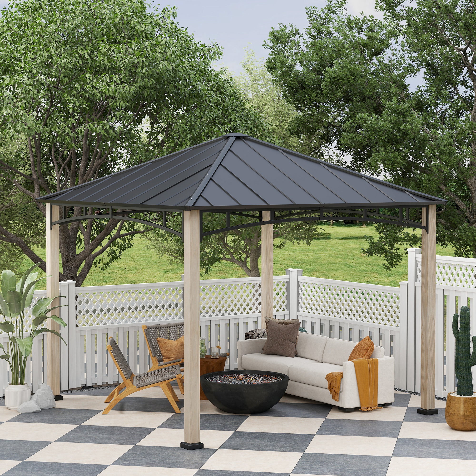 Outsunny 3 x 3(m) Hardtop Gazebo with Metal Roof and Wood Grain Frame - Image 7